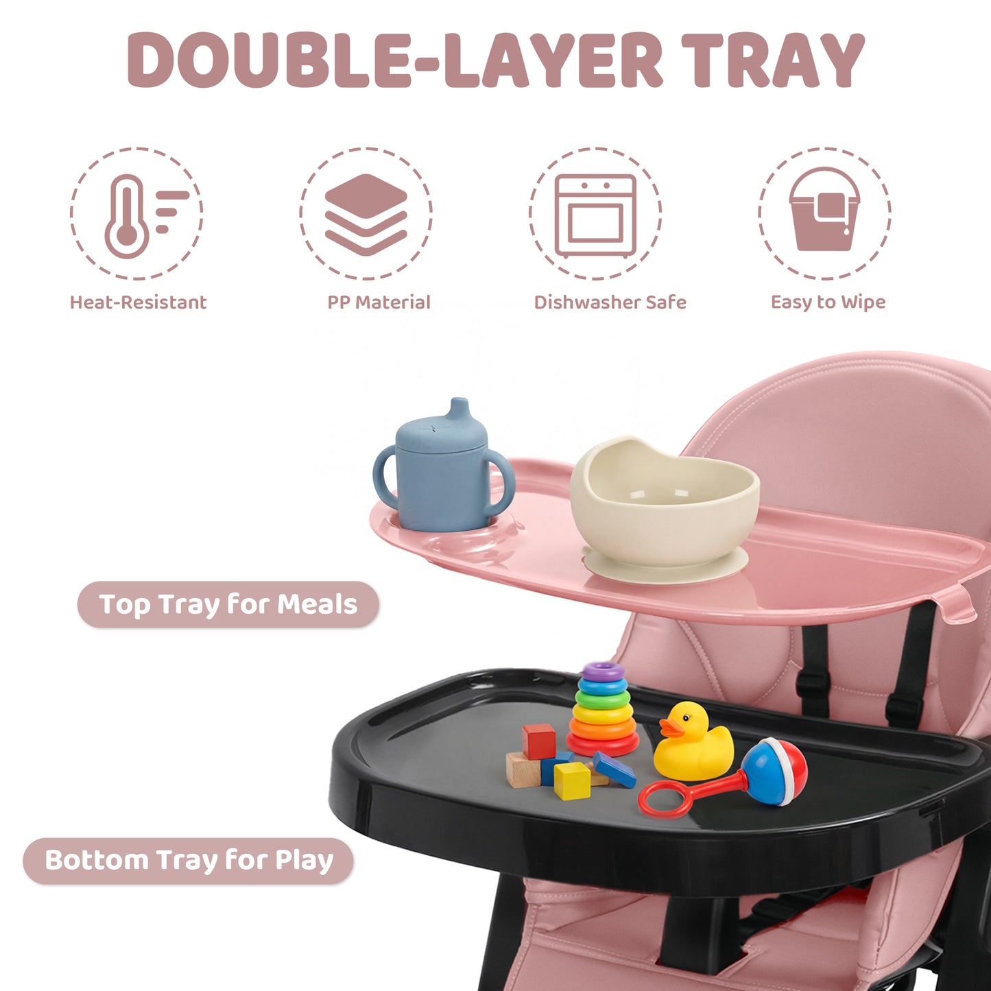 AILEEKISS Foldable High Chair for Baby, Toddler Eating Chair with Detachable Double Trays, Black Pink