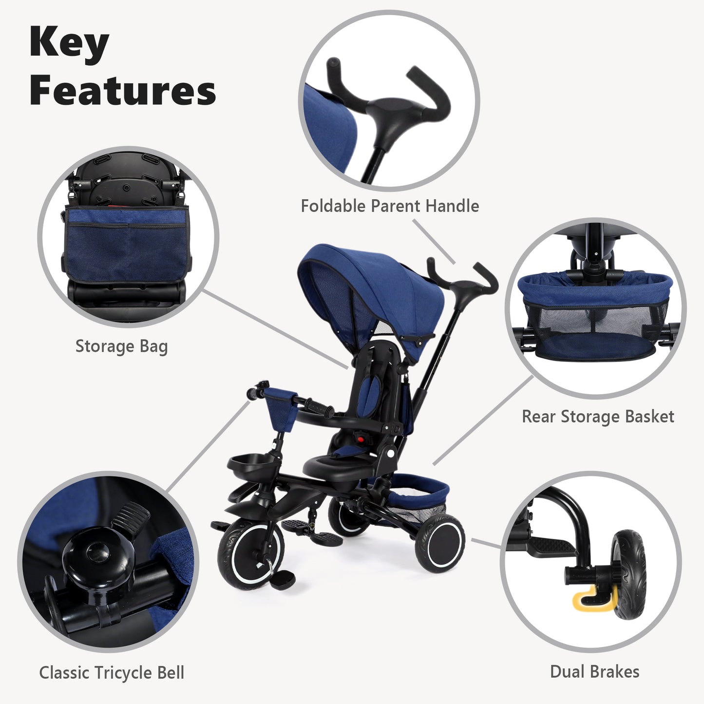 AILEEKISS 8-in-1 Kids' Tricycle Stroller, Folding Toddler Bicycle Unisex Ride Trike 1-6 Years, Blue