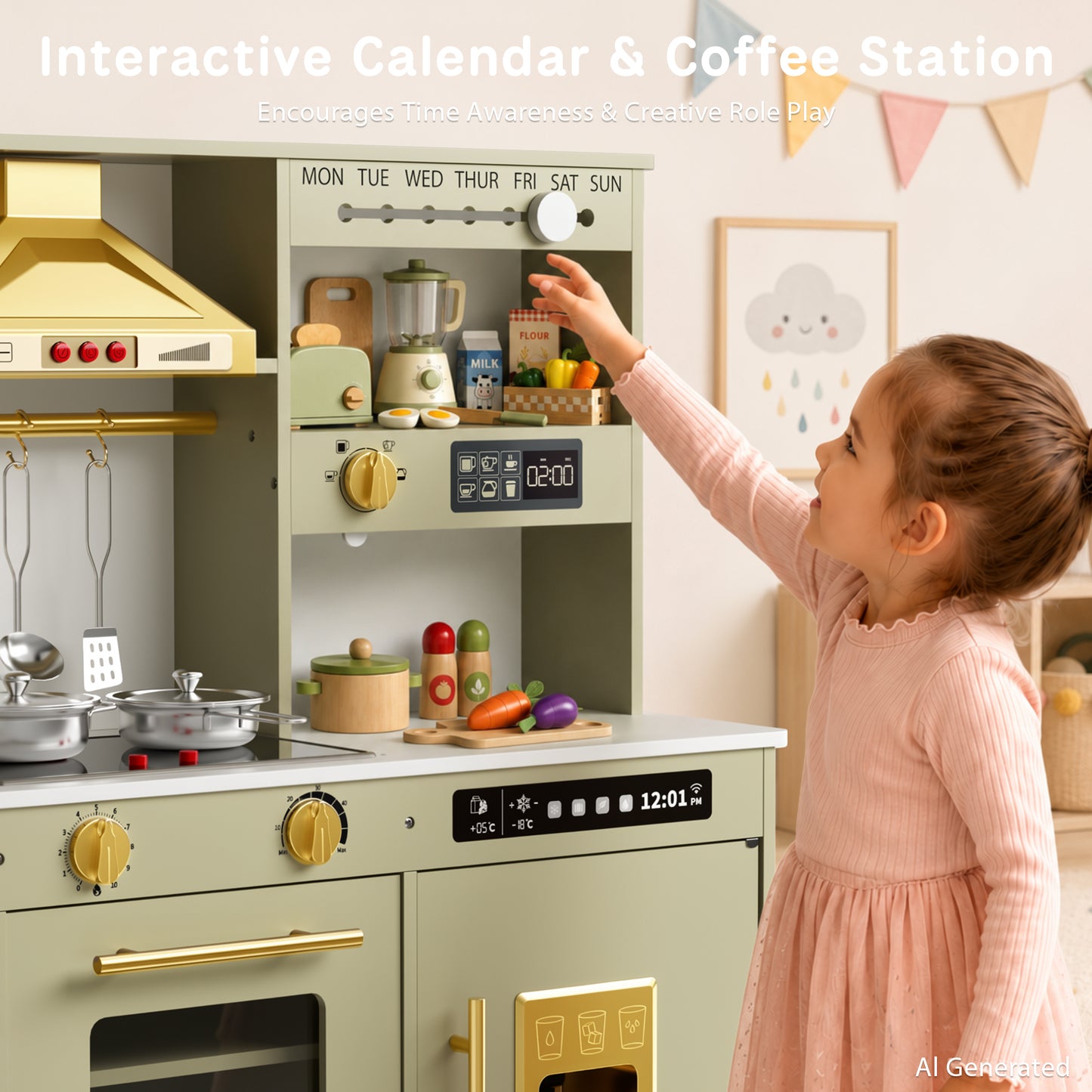 AILEEKISS Kids Toy Kitchen for Children, Pretend Kids Play Kitchen Set with Cooking Accessories, Green