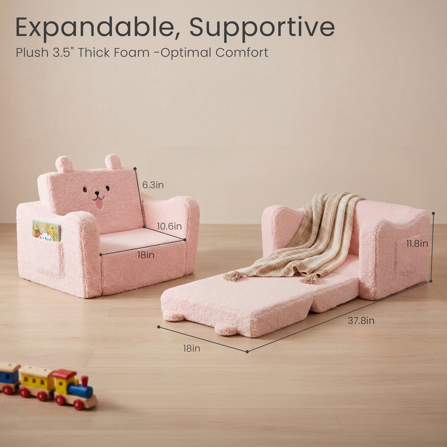 AILEEKISS Toddler Sofa, Foldable Kids Sofa Couch, Convertible Baby Lounger Chair for Playroom, Pink