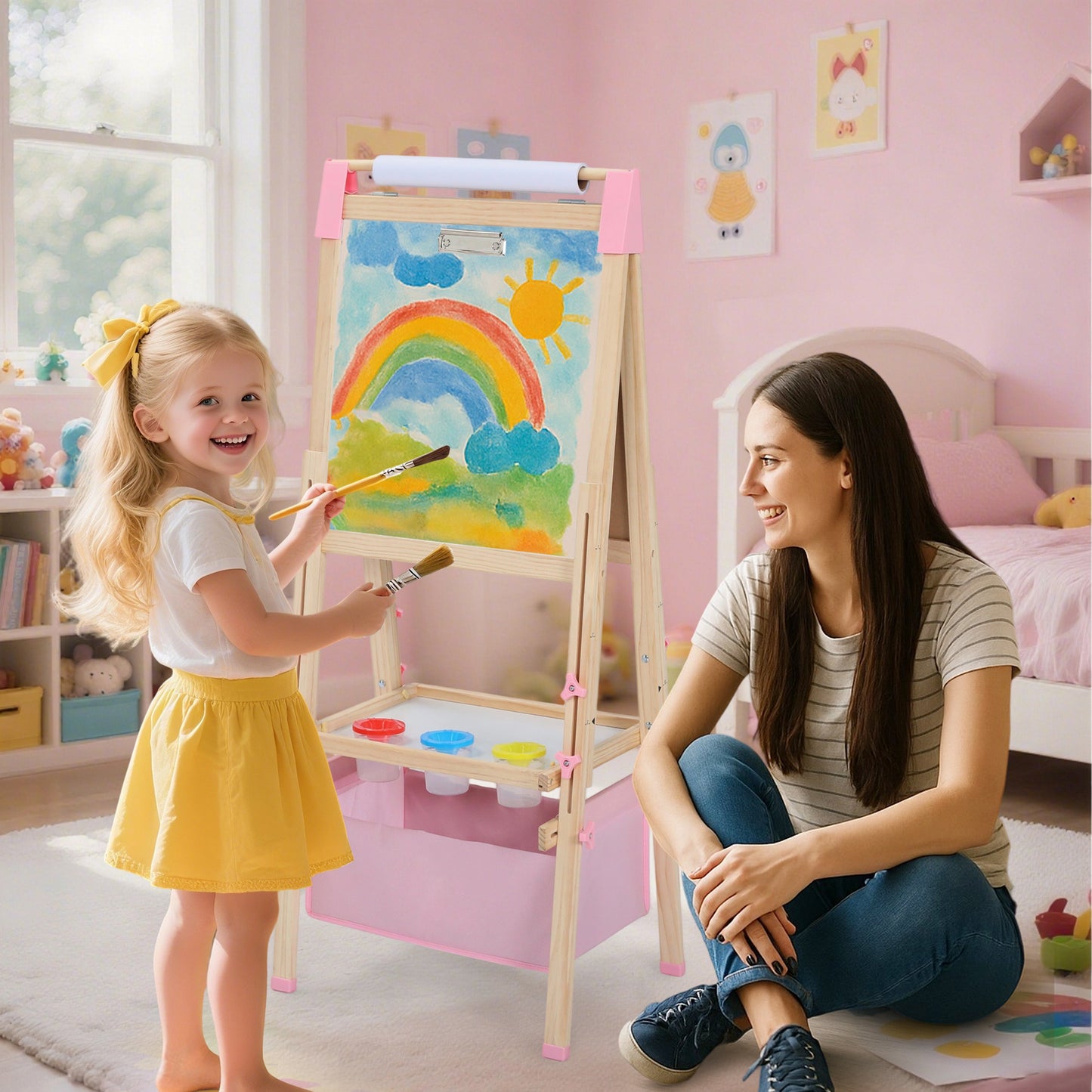 LINLUX Double-Sided Art Easel for Kids, 3 in 1 Wooden Kids Easel w/Paper Roller & Art Supplies, Pink