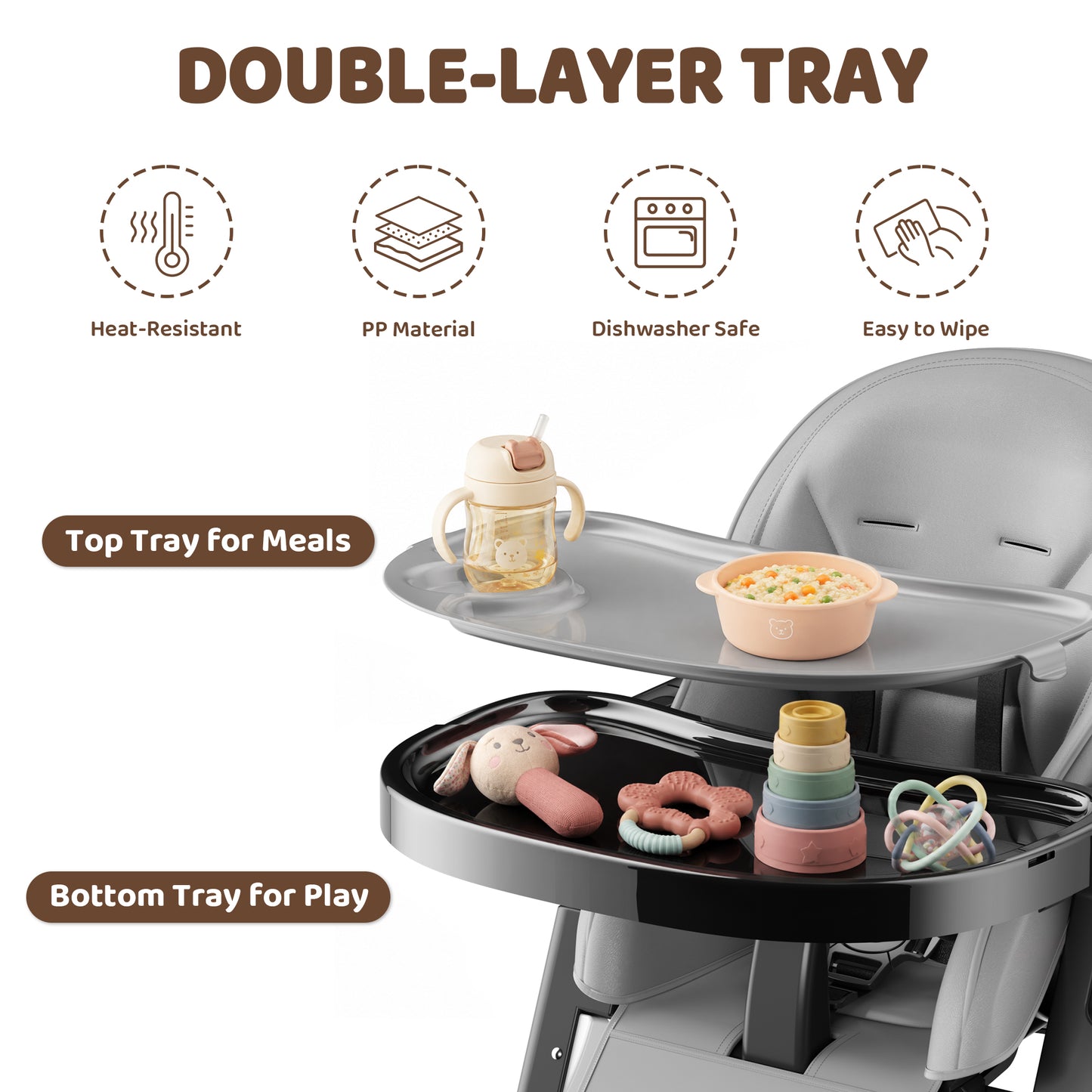 AILEEKISS Foldable High Chair for Baby, Toddler Eating Chair with Detachable Double Trays, Grey