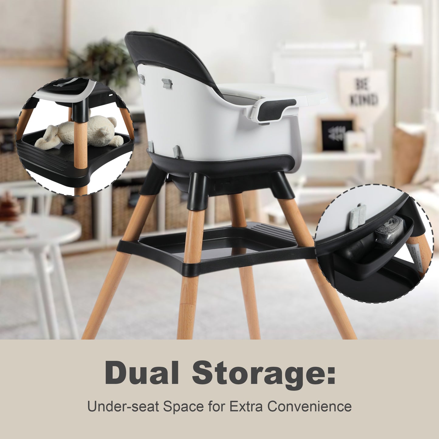 AILEEKISS 7 in 1 Wooden Baby High Chair Infant Feeding Chair with Removable Tray, Black