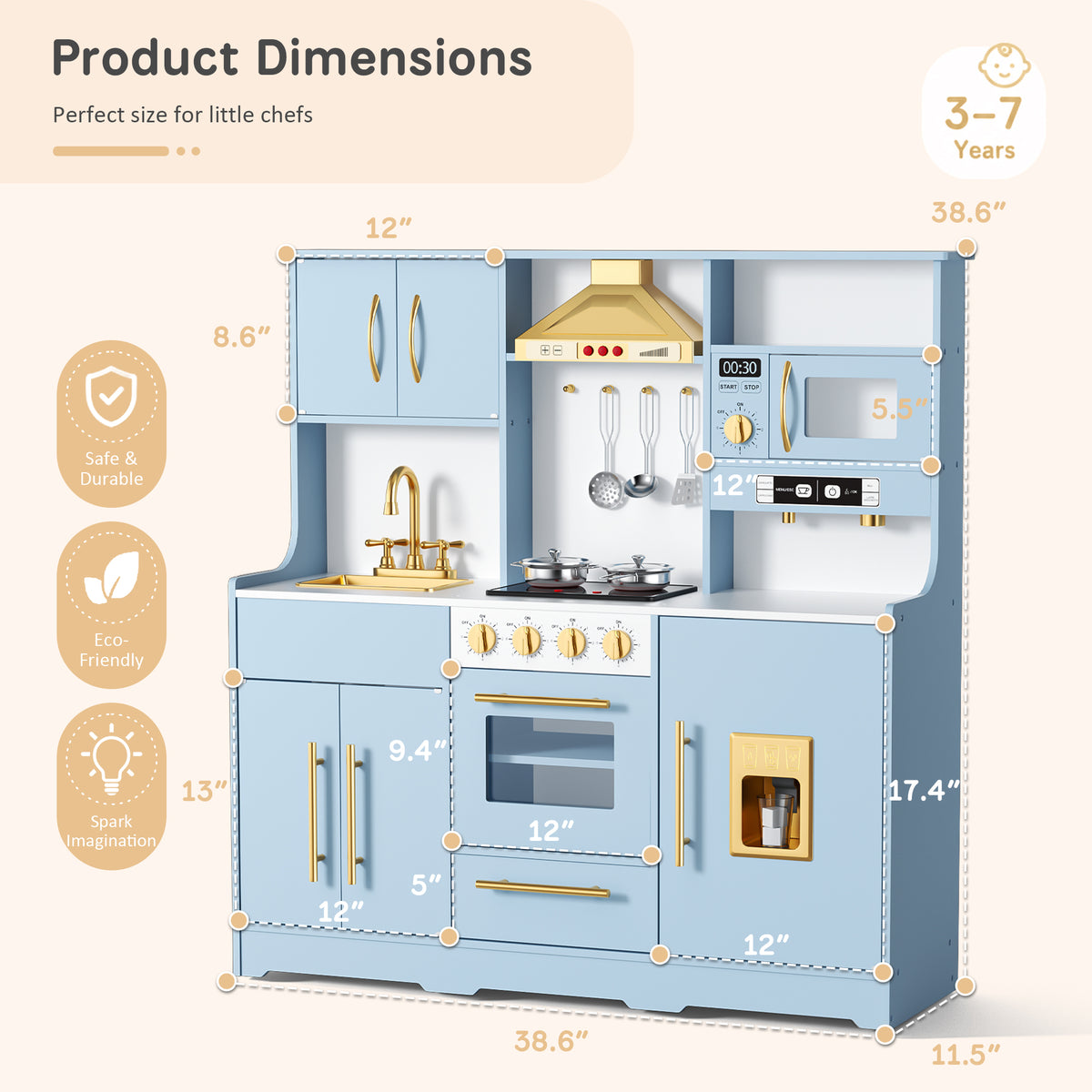 AILEEKISS Wood Kids Play Kitchen, Pretend Kitchen Playset for Children Age 3 Years up, Blue