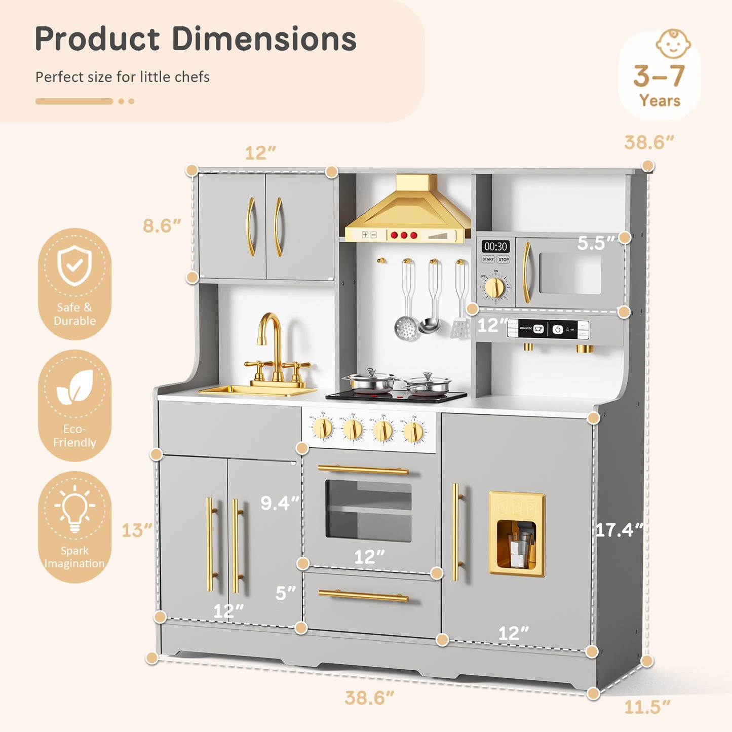 AILEEKISS Wood Kids Play Kitchen, Pretend Kitchen Playset for Children Age 3 Years up, Grey