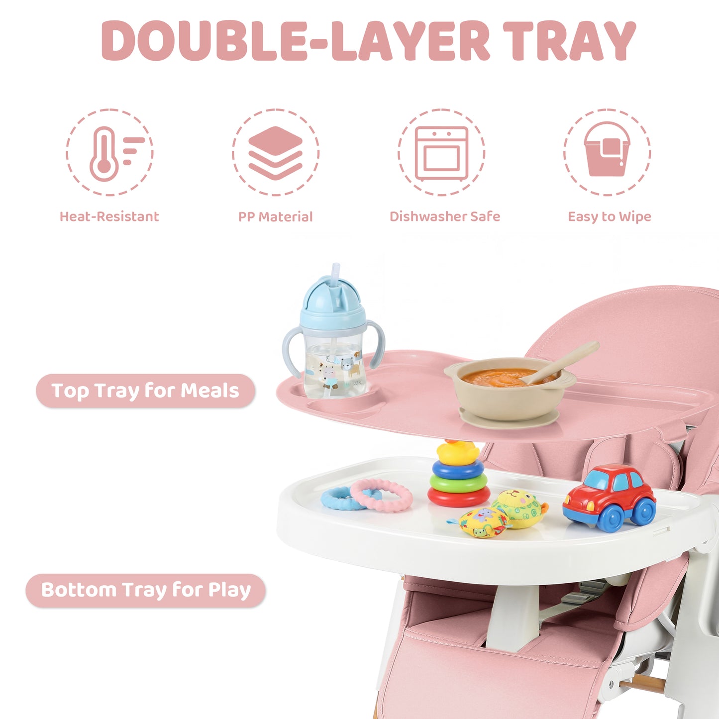 AILEEKISS Foldable High Chair for Baby, Toddler Eating Chair with Detachable Double Trays, Natural Pink