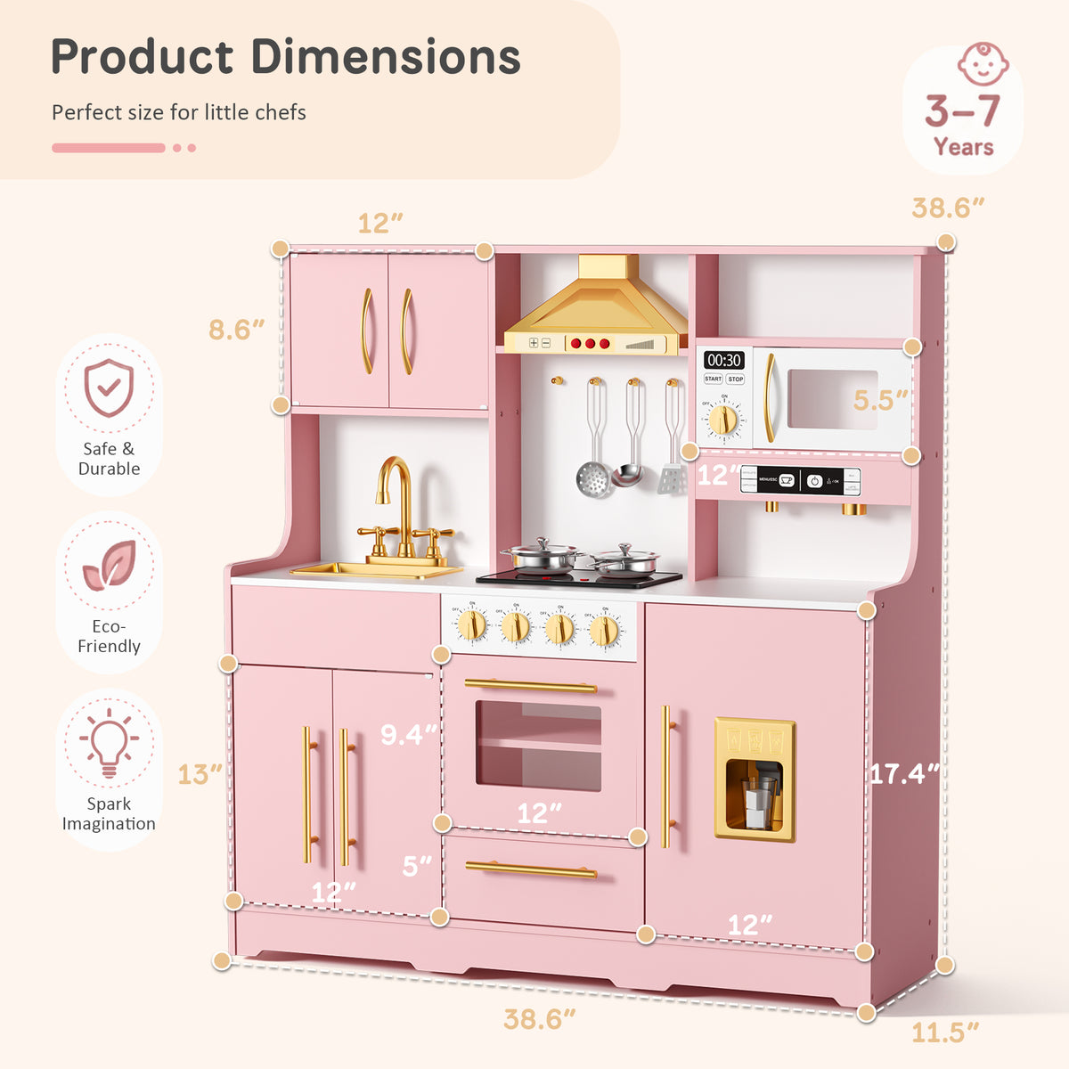 AILEEKISS Wood Kids Play Kitchen, Pretend Kitchen Playset for Children Age 3 Years up, Pink