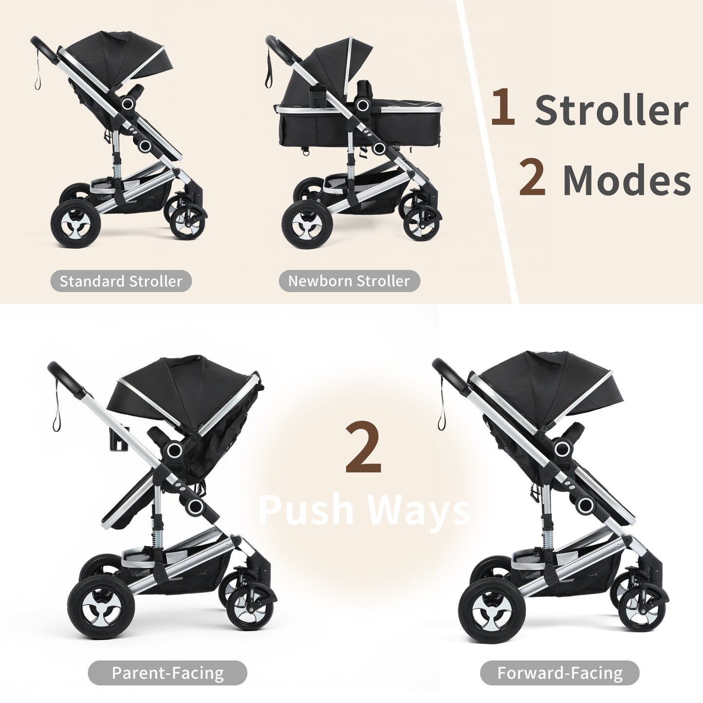 AILEEKISS 3 in 1 Convertible Baby Stroller, Unisex Folding Newborn Stroller with Big Seat, Black Silver