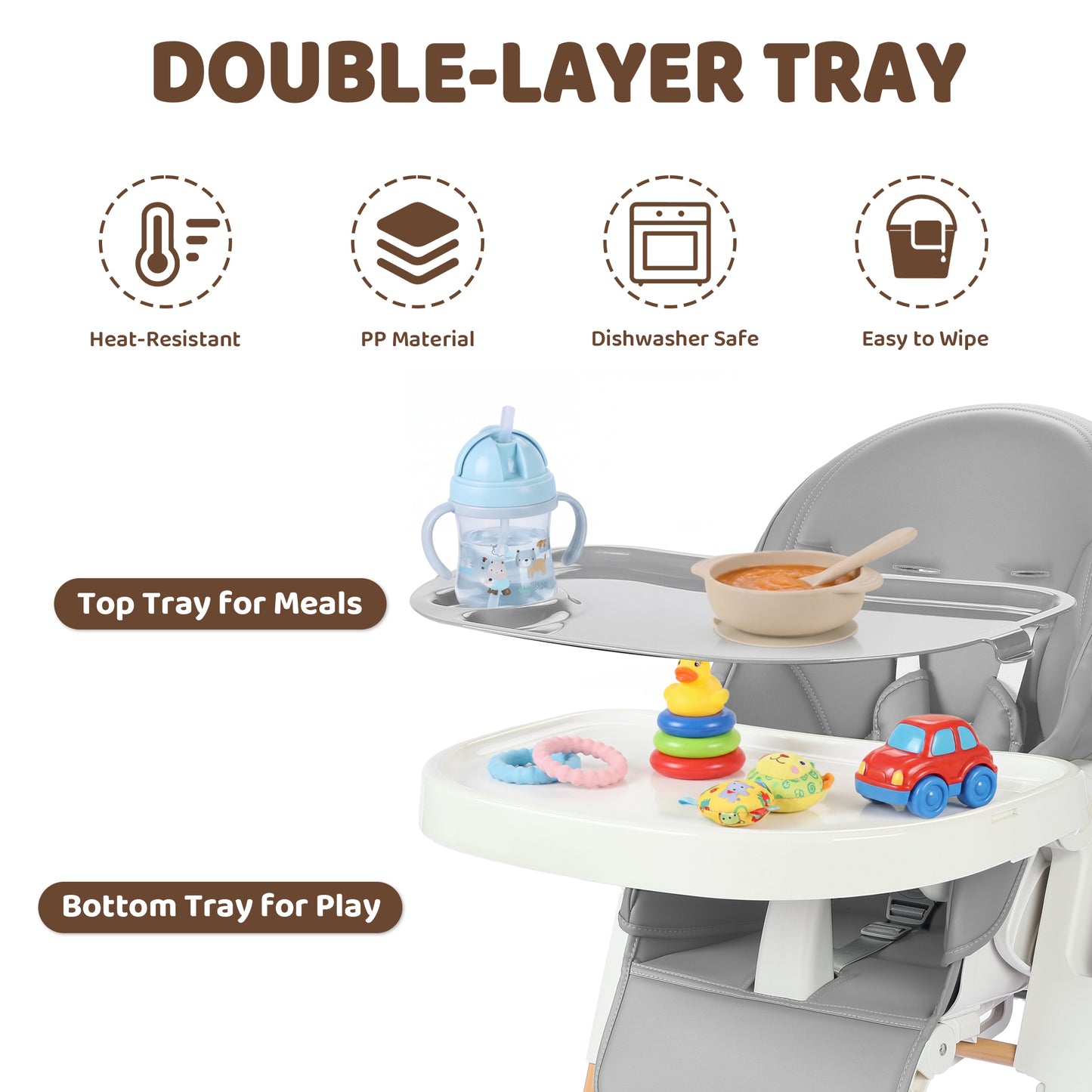 AILEEKISS Foldable High Chair for Baby, Toddler Eating Chair with Detachable Double Trays, Natural Grey