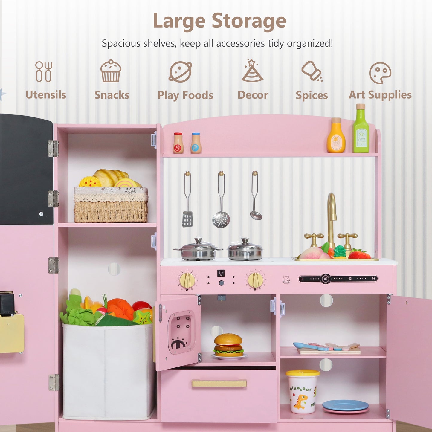 LINLUX Pretend Kids Play Kitchen, Toy Kitchen Playset for Toddler, Wood Kitchen Sets Baby, Pink