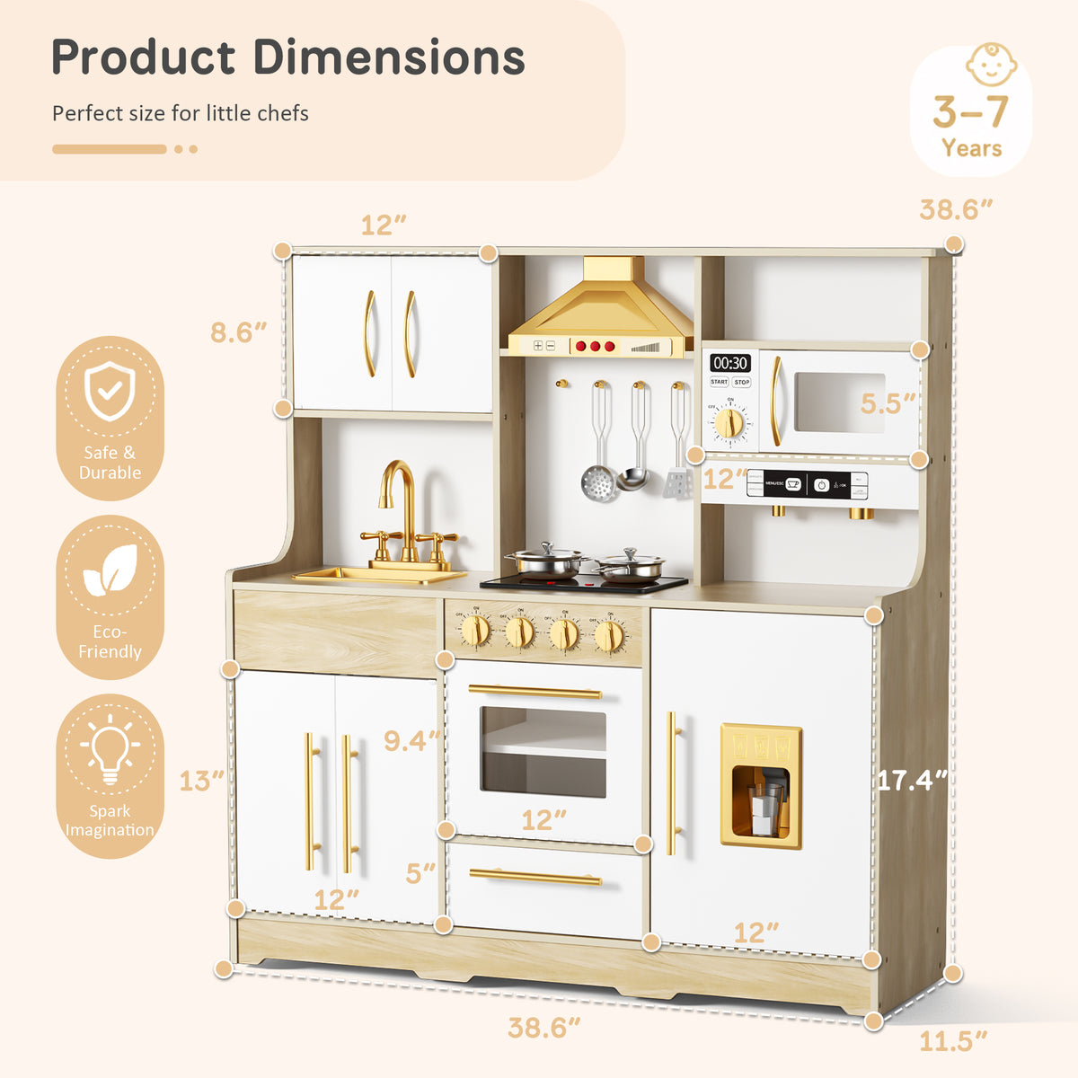 AILEEKISS Wood Kids Play Kitchen, Pretend Kitchen Playset for Children Age 3 Years up, Grain