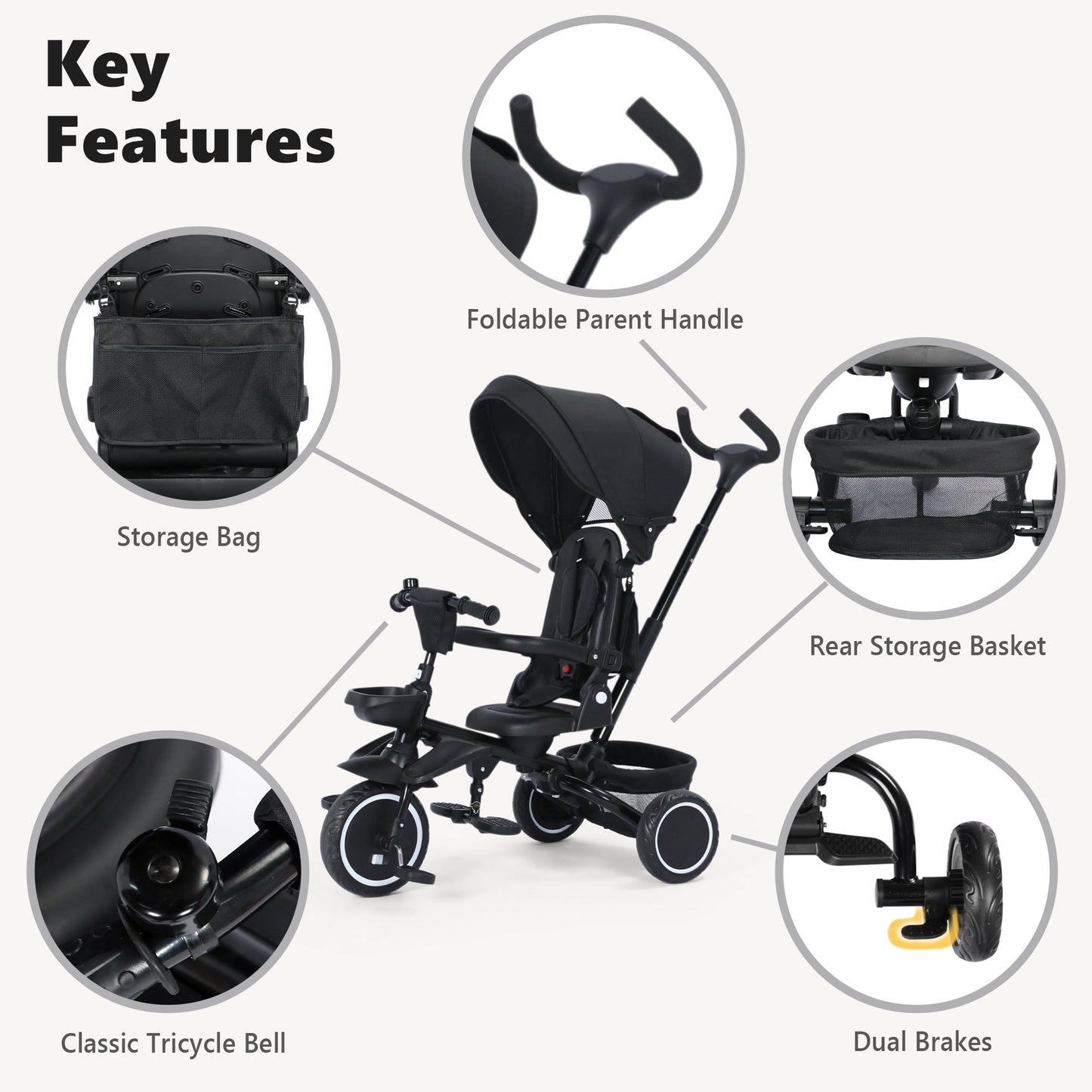 AILEEKISS 8-in-1 Kids' Tricycle Stroller, Folding Toddler Bicycle Unisex Ride Trike 1-6 Years, Black