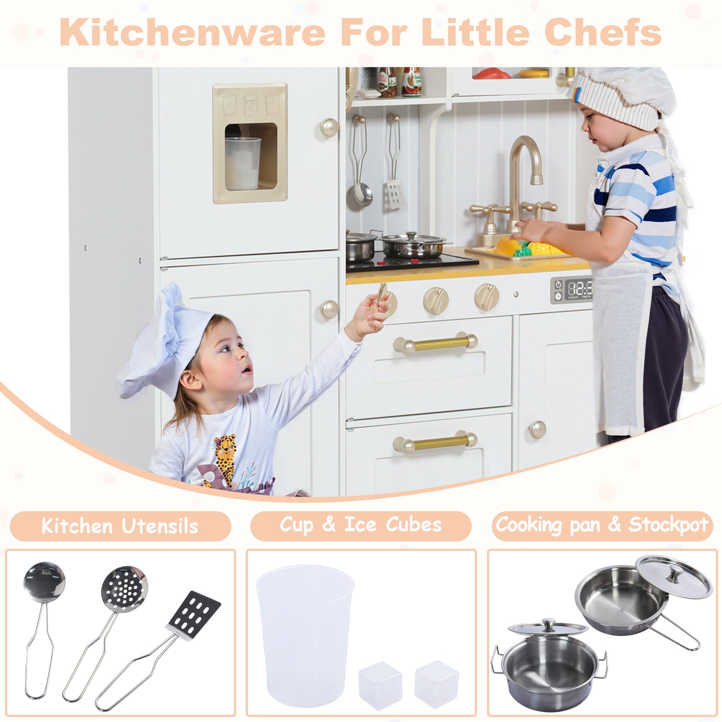 AILEEKISS Wood Kids Play Kitchen, Pretend Toy Kitchen Playset for Children with Sounds, White