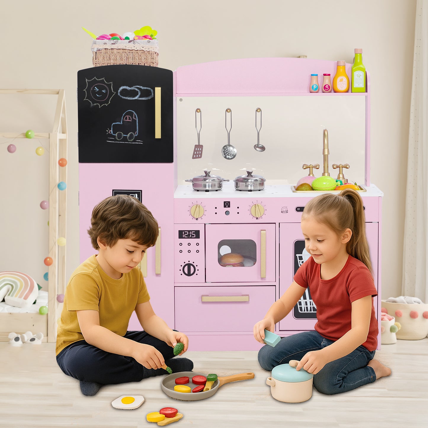 AILEEKISS Wood Kids Play Kitchen, Pretend Kitchen Playset for Children Age 3 Years up, Pink