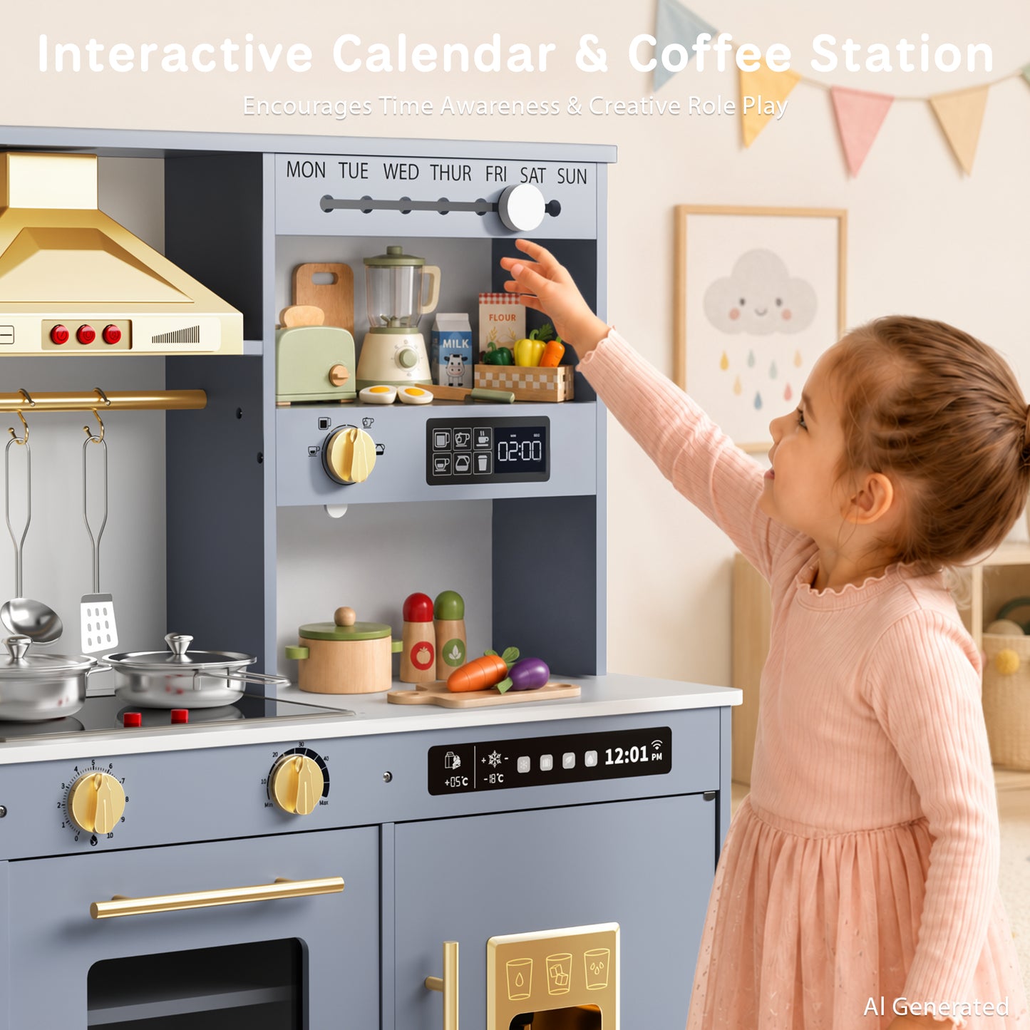 AILEEKISS Kids Toy Kitchen for Children, Pretend Kids Play Kitchen Set with Cooking Accessories, Blue
