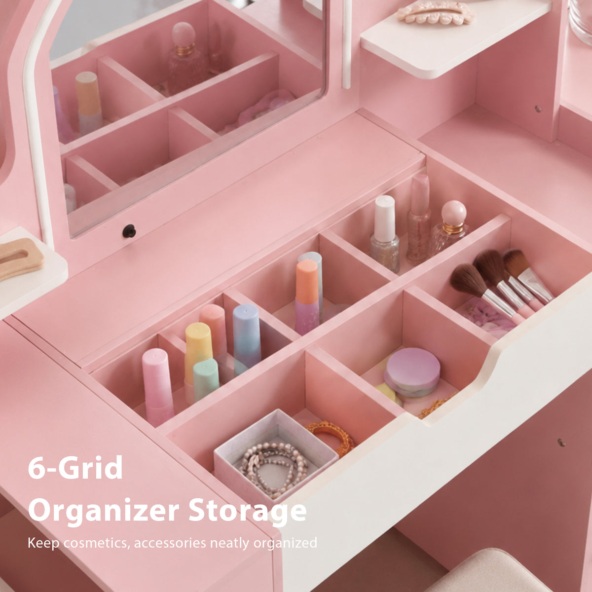 AILEEKISS Vanity Table Set with Flip Desktop, Pretend Play Makeup Table with Drawers, Pink