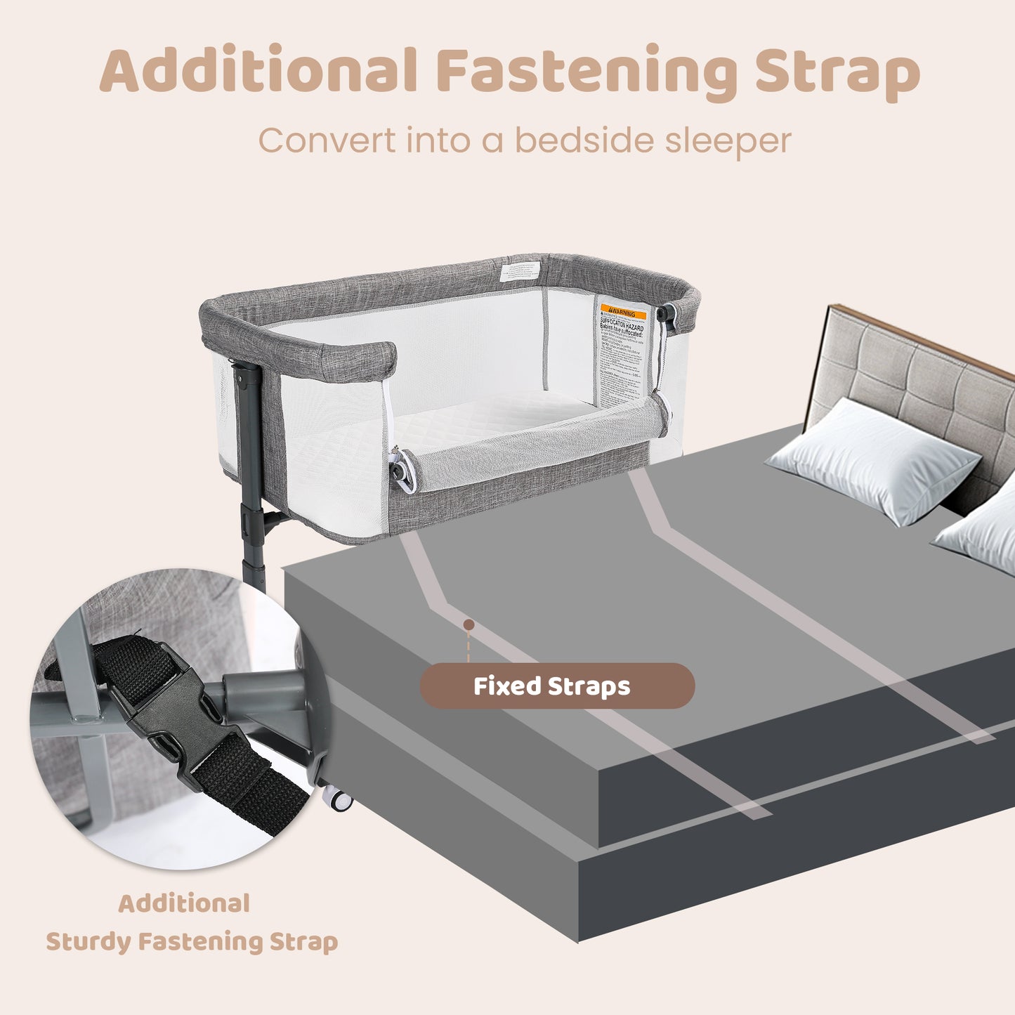 AILEEKISS Baby Bassinet Bedside Sleeper, Height Adjustable Newborn Baby Bassinet with Wheels, Grey