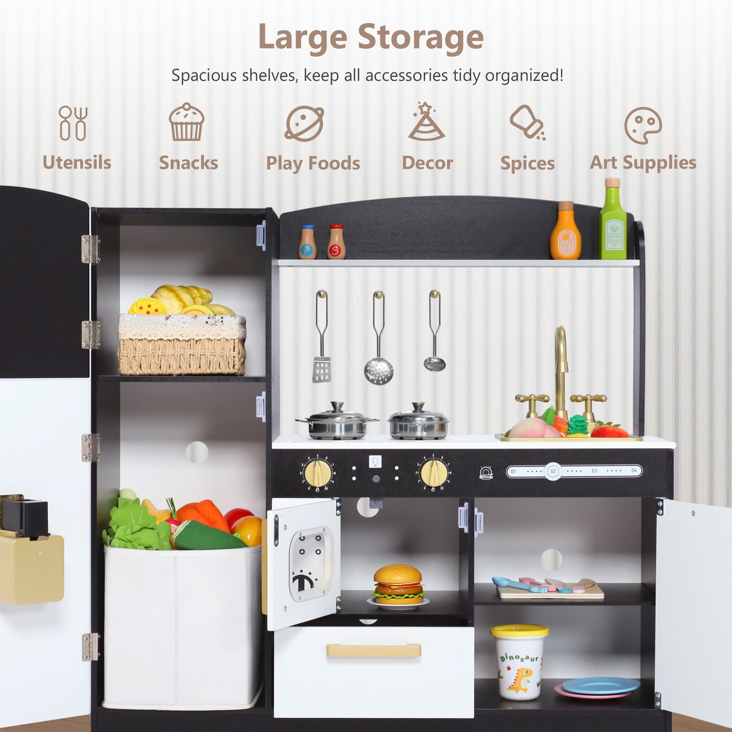 LINLUX Pretend Kids Play Kitchen, Toy Kitchen Playset for Toddler, Wood Kitchen Sets Baby, Black