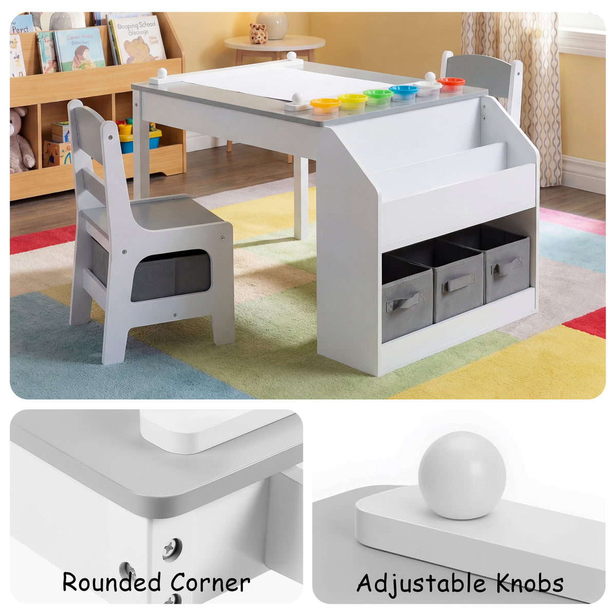 AILEEKISS Kids Table and Chair Set,Children Play Activity Desk for Drawing with 3 Drawers, Grey