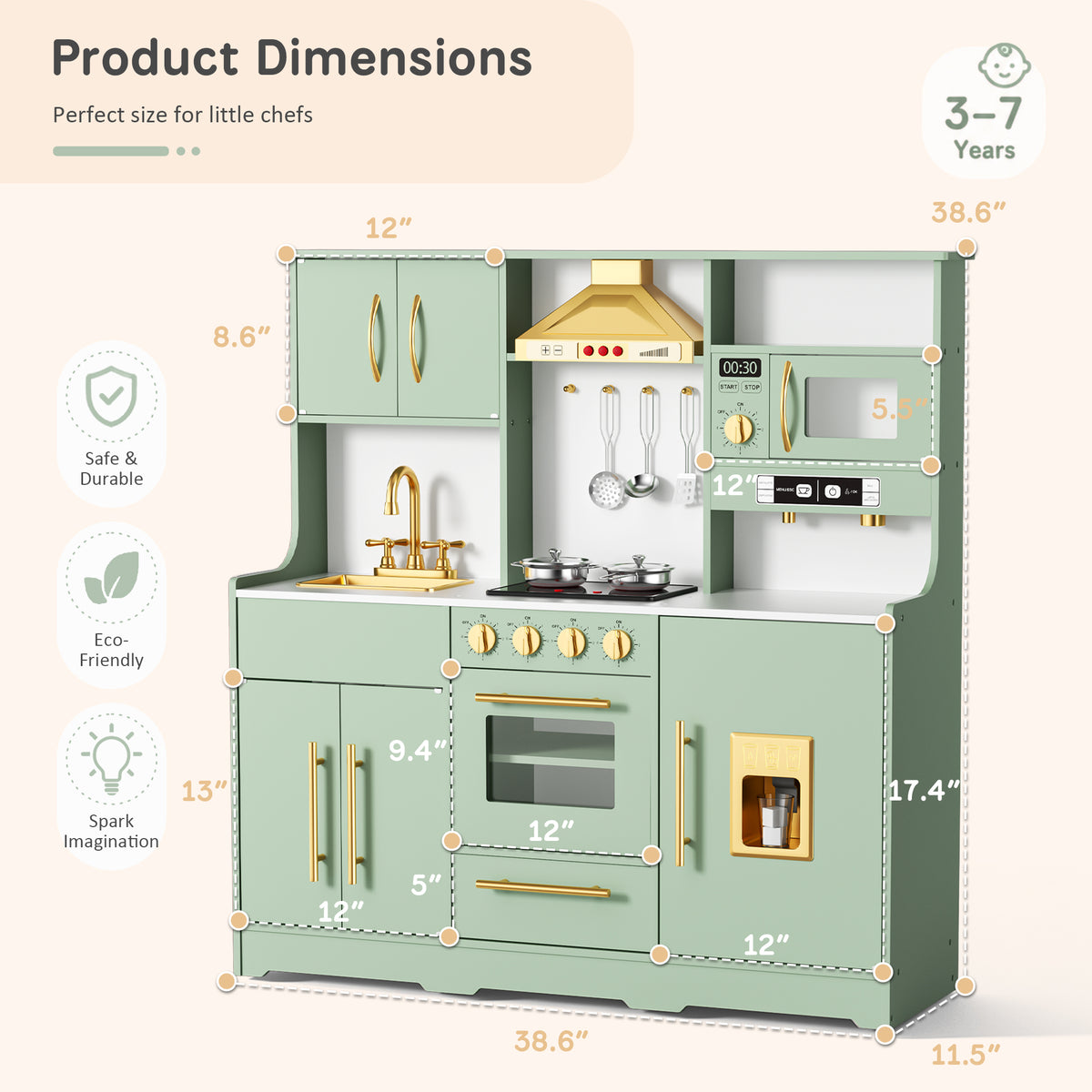 AILEEKISS Wood Kids Play Kitchen, Pretend Kitchen Playset for Children Age 3 Years up, Green