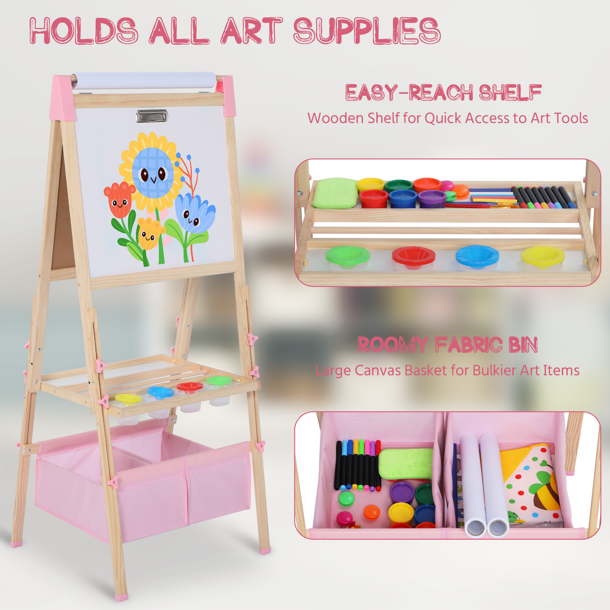 AILEEKISS Kids Art Easel Double-Sided Art Easel with Whiteboard and Chalkboard for Painting, Pink