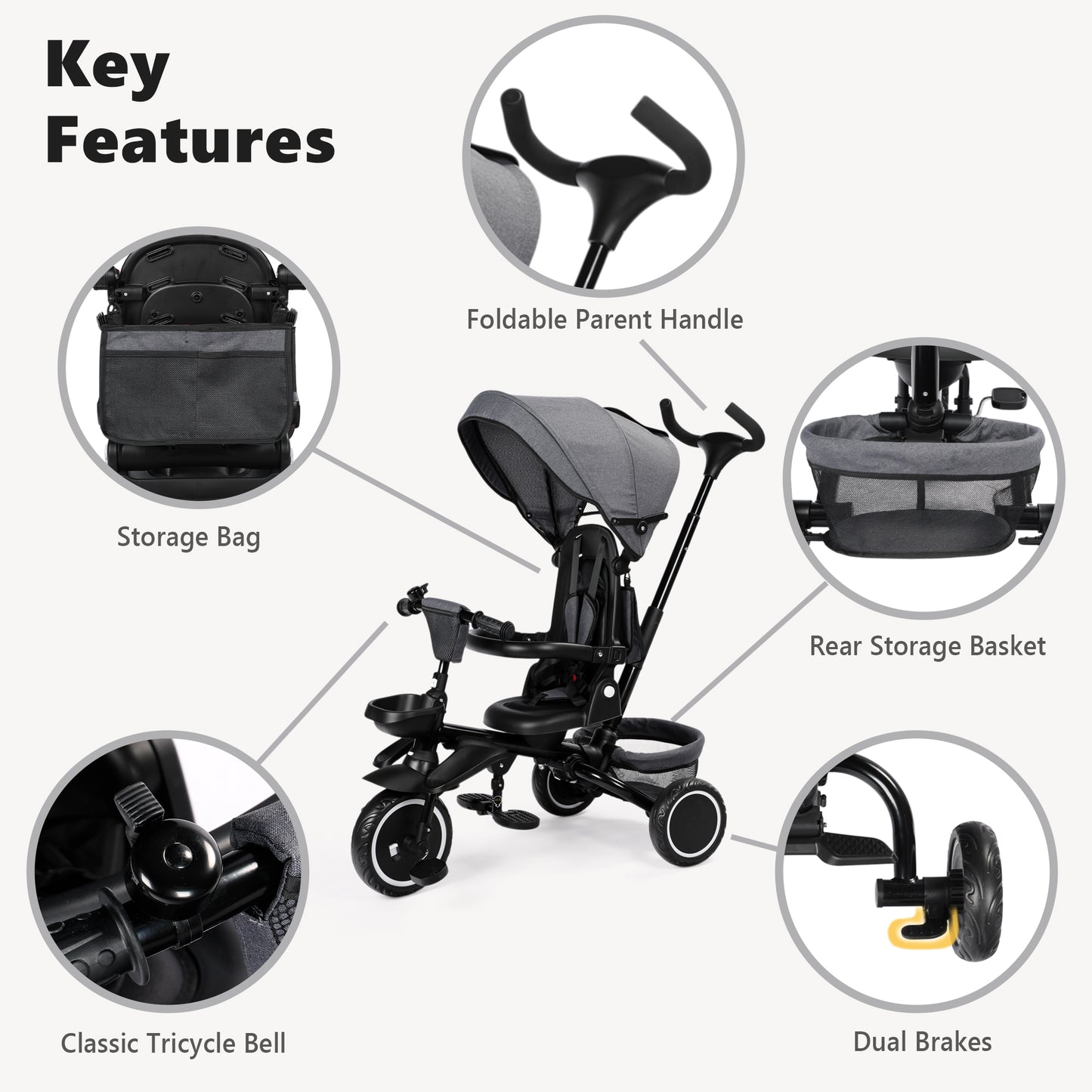 AILEEKISS 8-in-1 Kids' Tricycle Stroller, Toddler Bicycle Unisex Ride Trike 1-6 Years, Grey