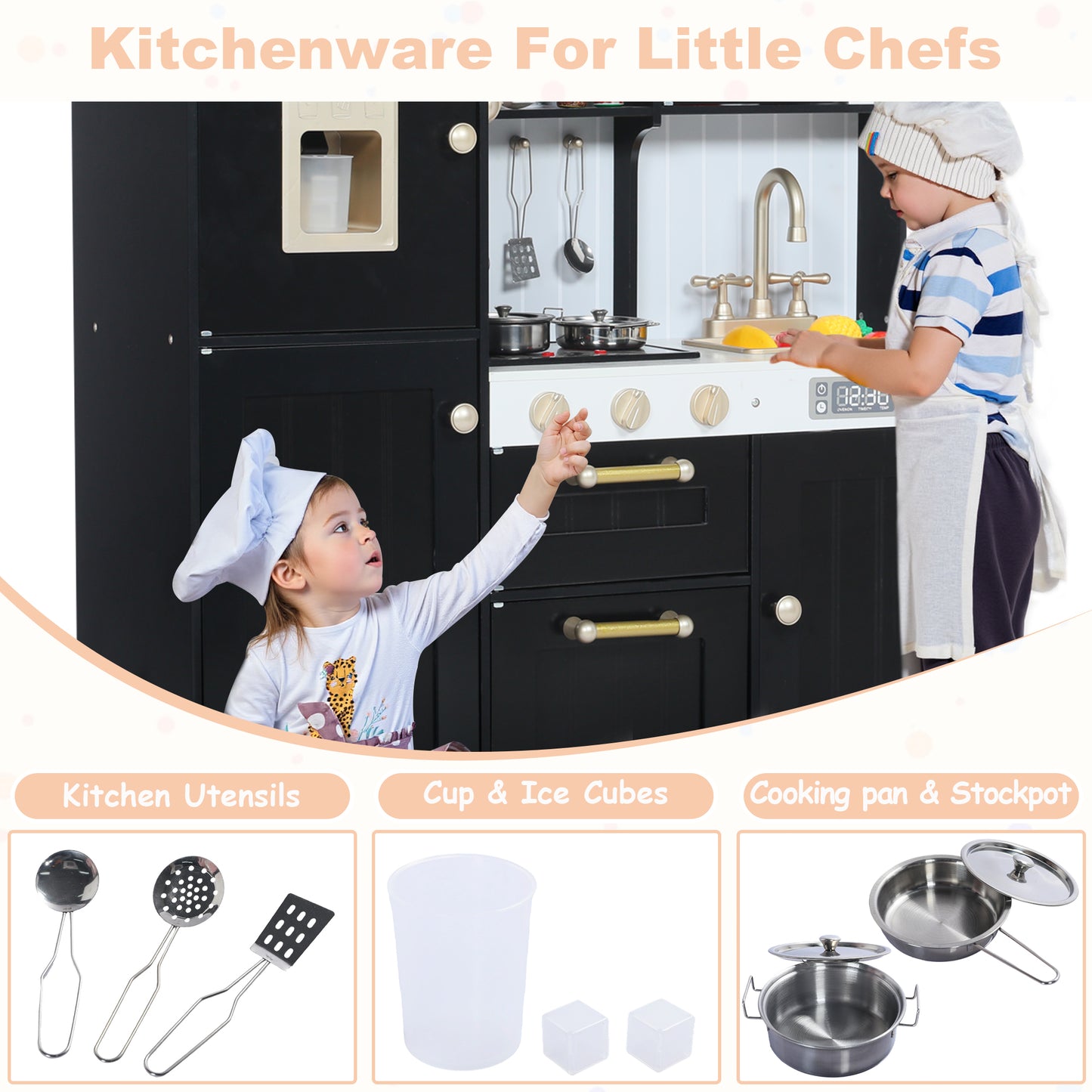 AILEEKISS Wood Kids Play Kitchen, Pretend Toy Kitchen Playset for Children with Sounds, Black
