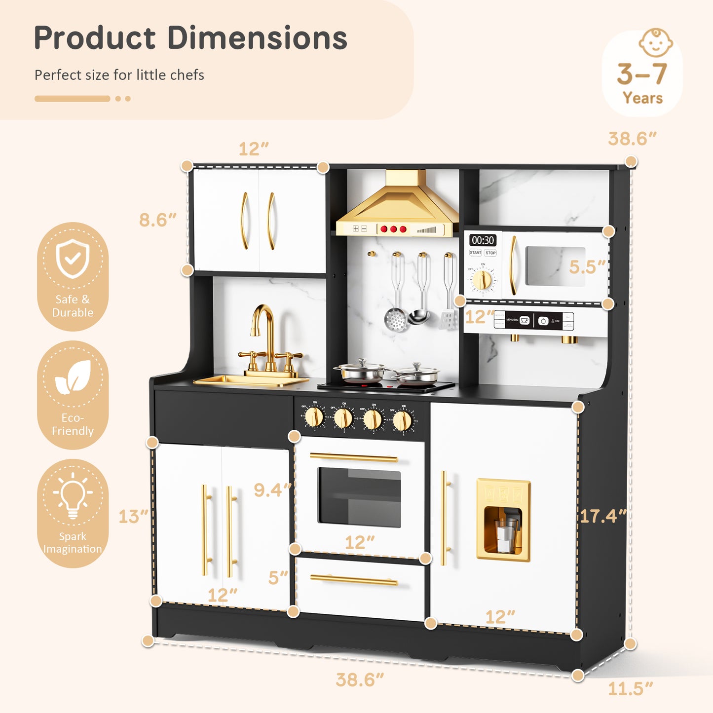 AILEEKISS Wood Kids Play Kitchen, Pretend Kitchen Playset for Children Age 3 Years up, Black