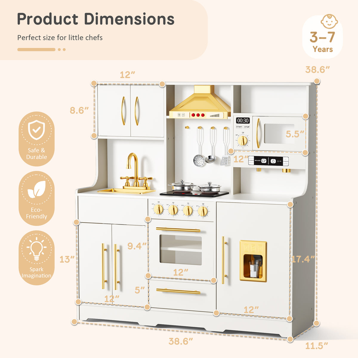 AILEEKISS Wood Kids Play Kitchen, Pretend Kitchen Playset for Children Age 3 Years up, White