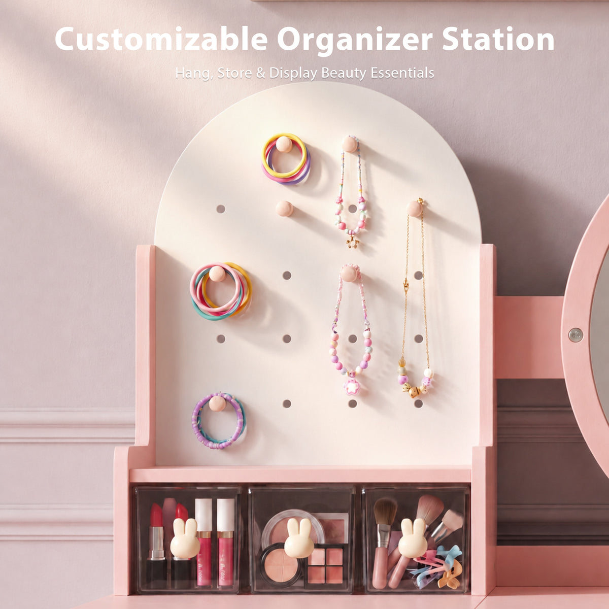 AILEEKISS Vanity Table Set with Drawers, Pretend Play Makeup Table with Storage Shelf, Pink