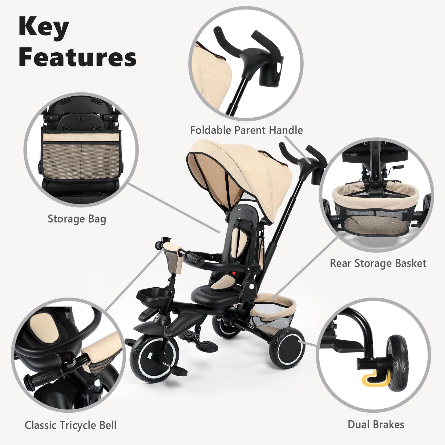 AILEEKISS 8-in-1 Kids' Tricycle Stroller, Folding Toddler Bicycle Unisex Ride Trike 1-6 Years, Khaki