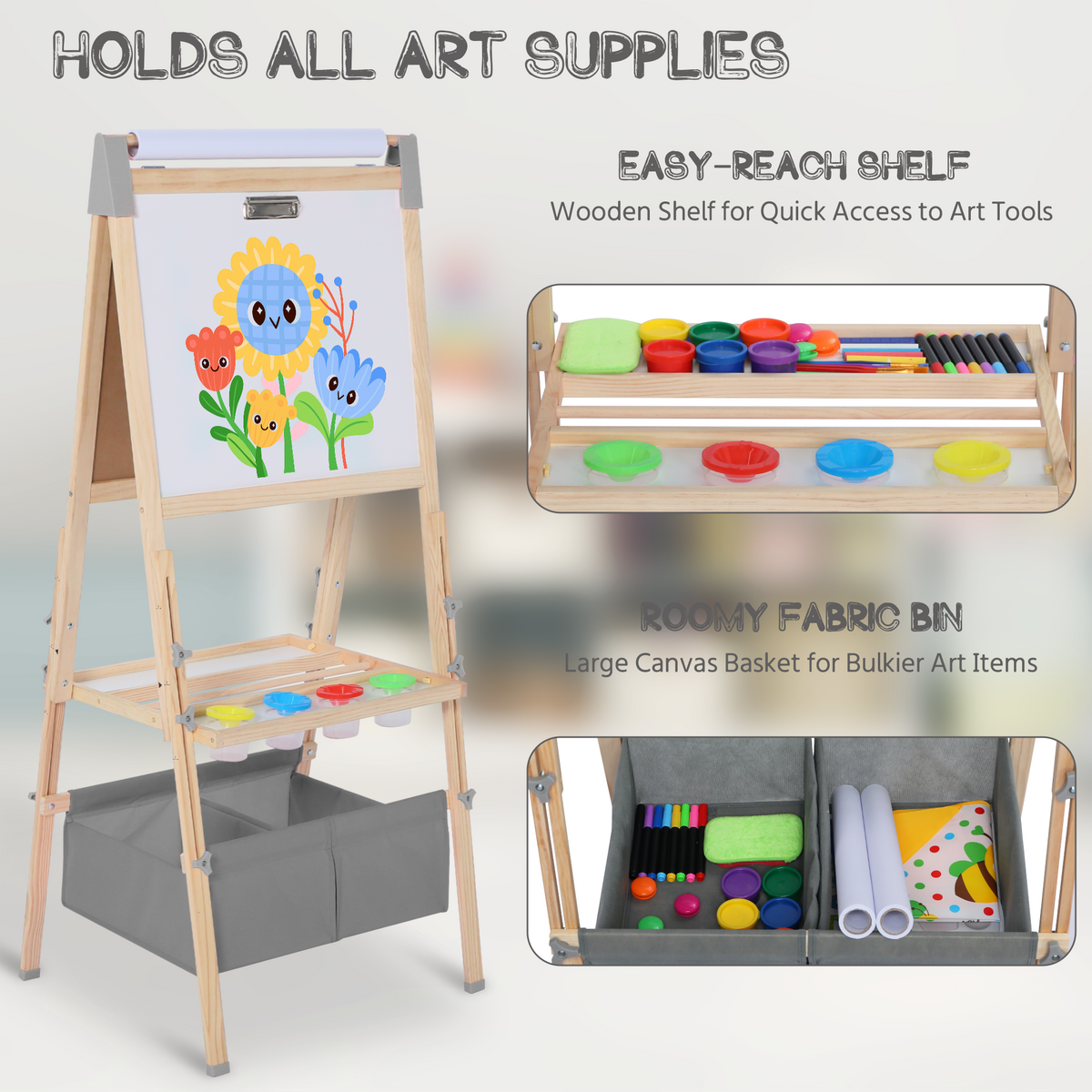AILEEKISS Kids Art Easel Double-Sided Art Easel with Whiteboard and Chalkboard for Painting, Grey