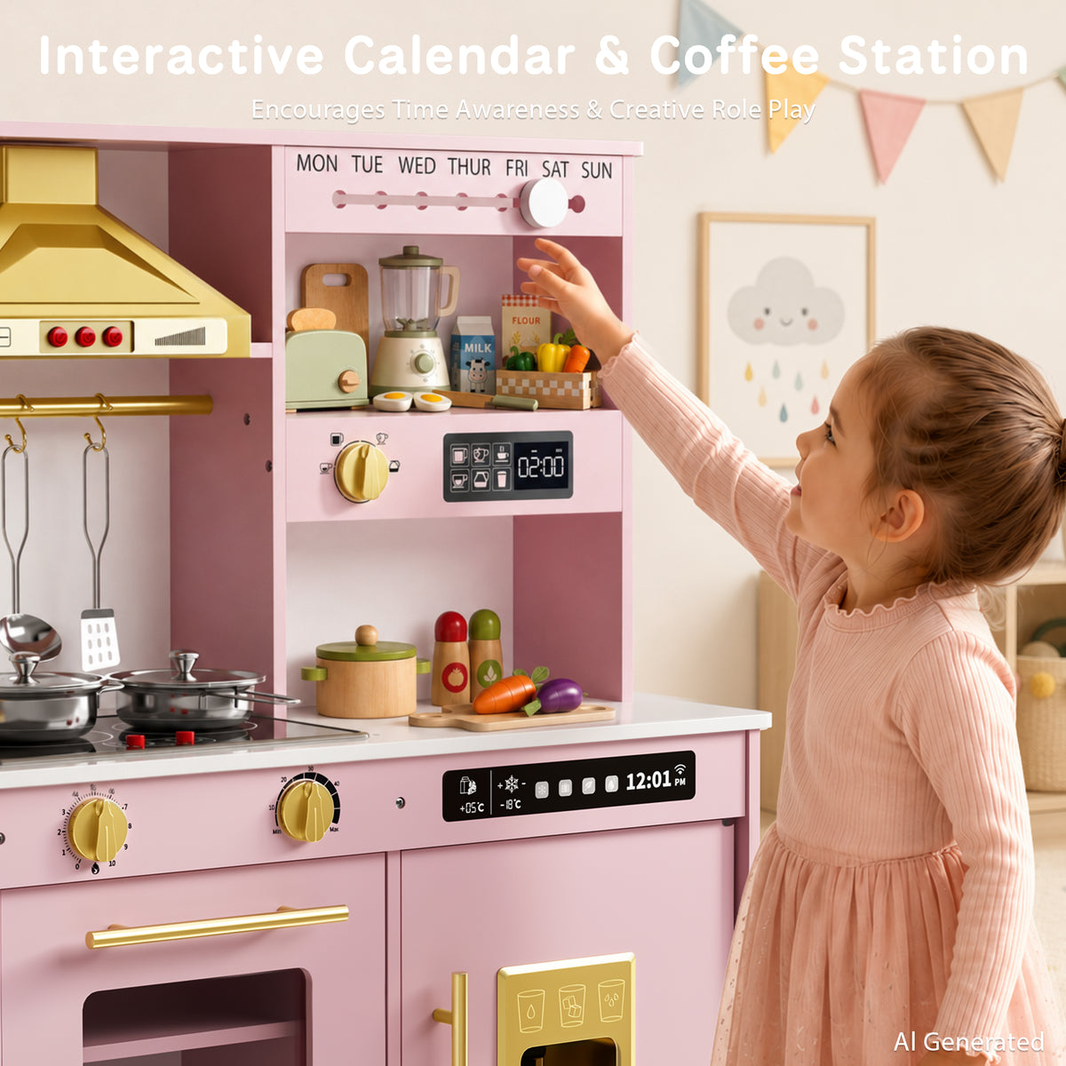 AILEEKISS Kids Toy Kitchen for Children, Pretend Kids Play Kitchen Set with Cooking Accessories, Pink