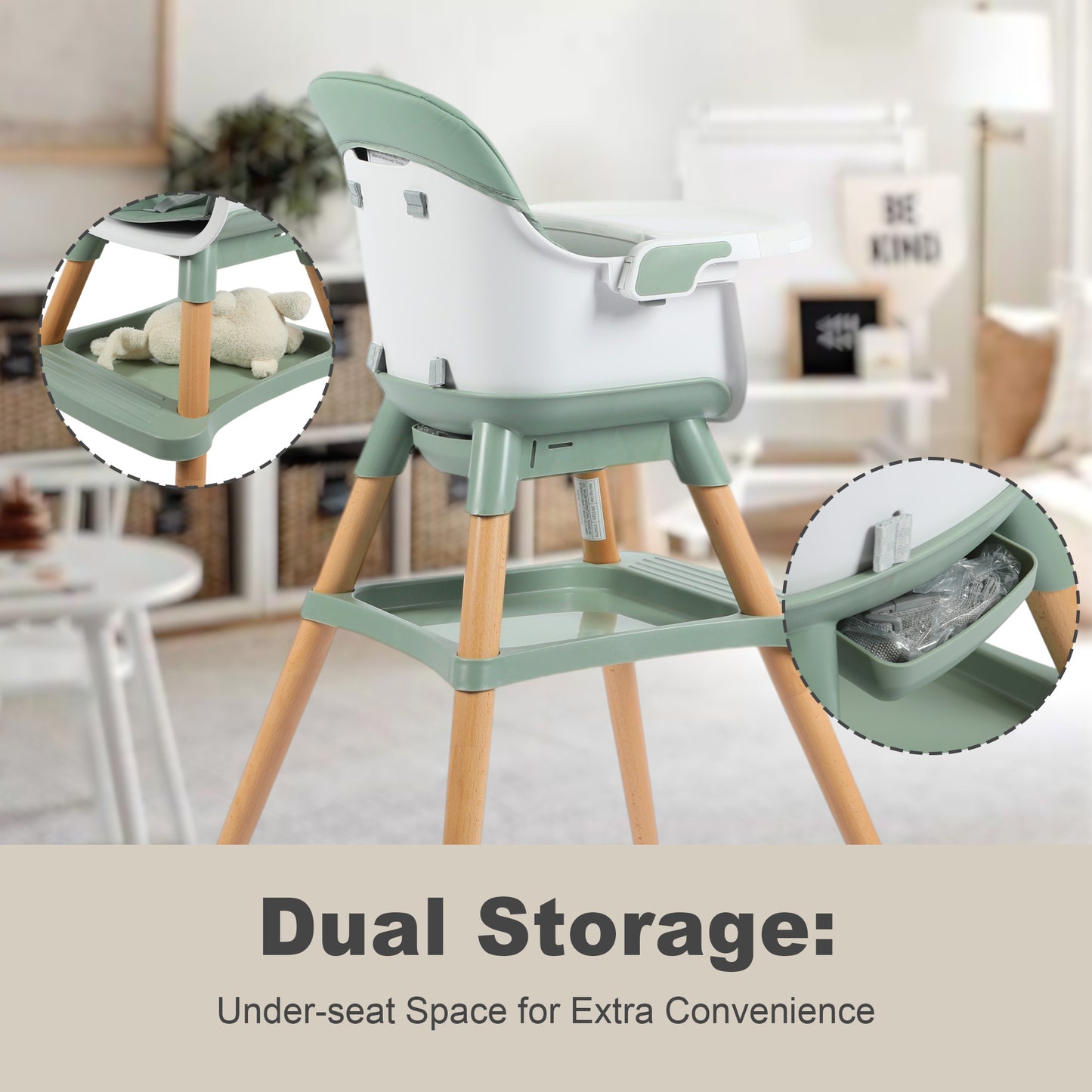 AILEEKISS 7 in 1 Wooden Baby High Chair Infant Feeding Chair with Removable Tray, Green