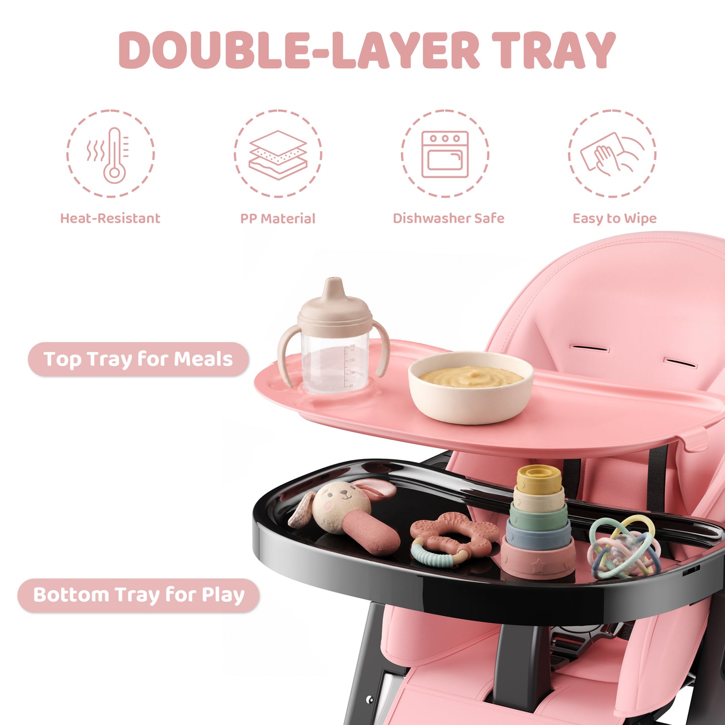 AILEEKISS Foldable High Chair for Baby, Toddler Eating Chair with Detachable Double Trays, Black Pink