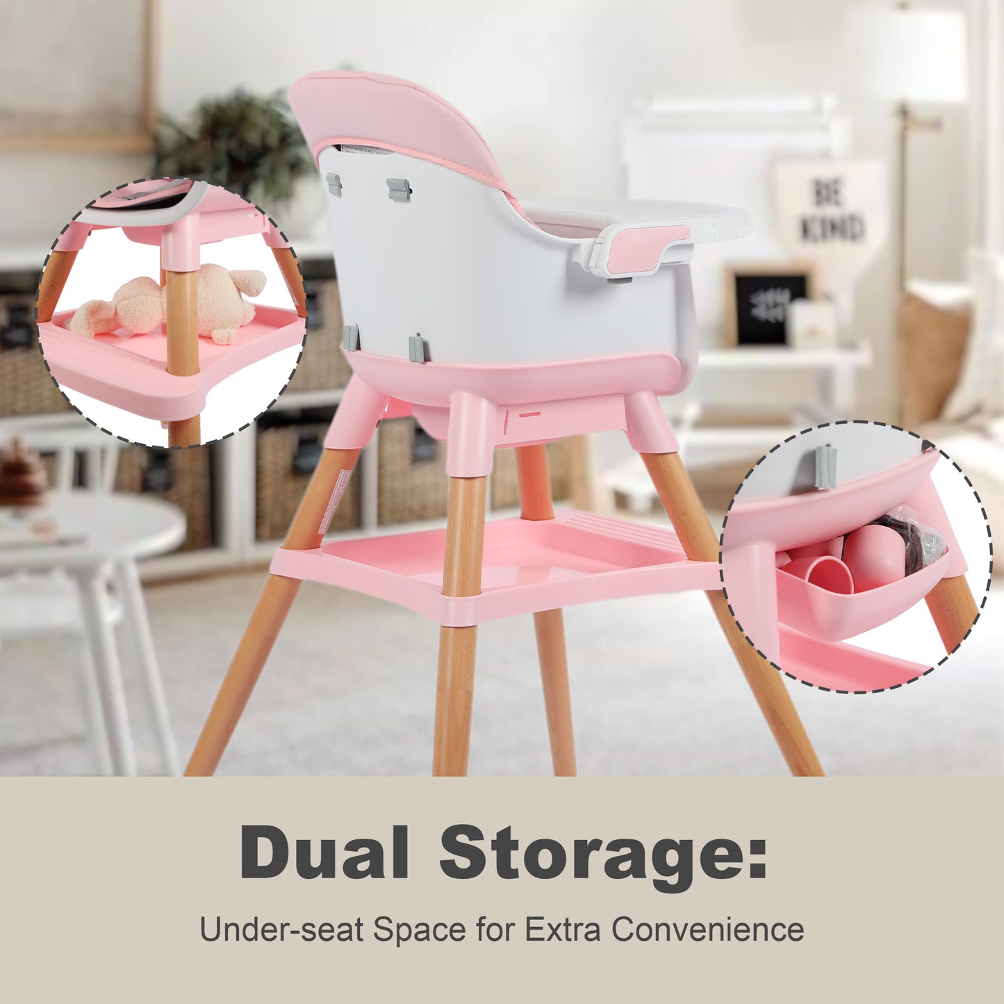 AILEEKISS 7 in 1 Wooden Baby High Chair for Toddler, Infant Feeding Chair with Removable Tray, Pink