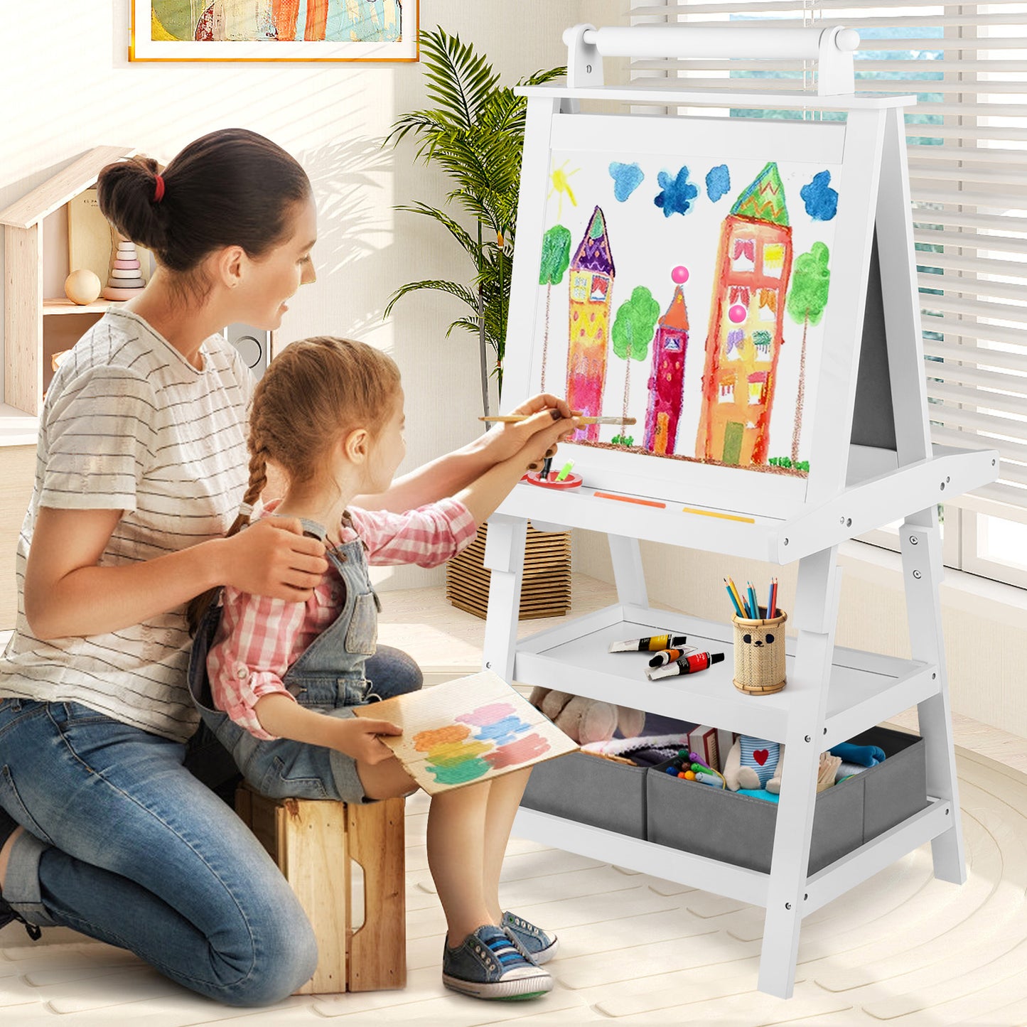 3 in 1 Kids Art Easel Double-Sided Magnetic Whiteboard Chalkboard Paper Roller, White