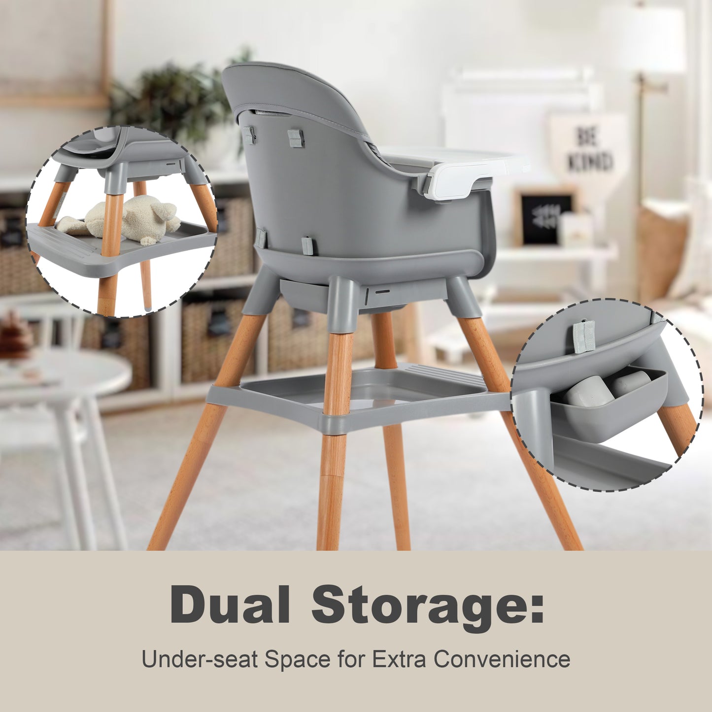 AILEEKISS 7 in 1 Wooden Baby High Chair Infant Feeding Chair with Removable Tray