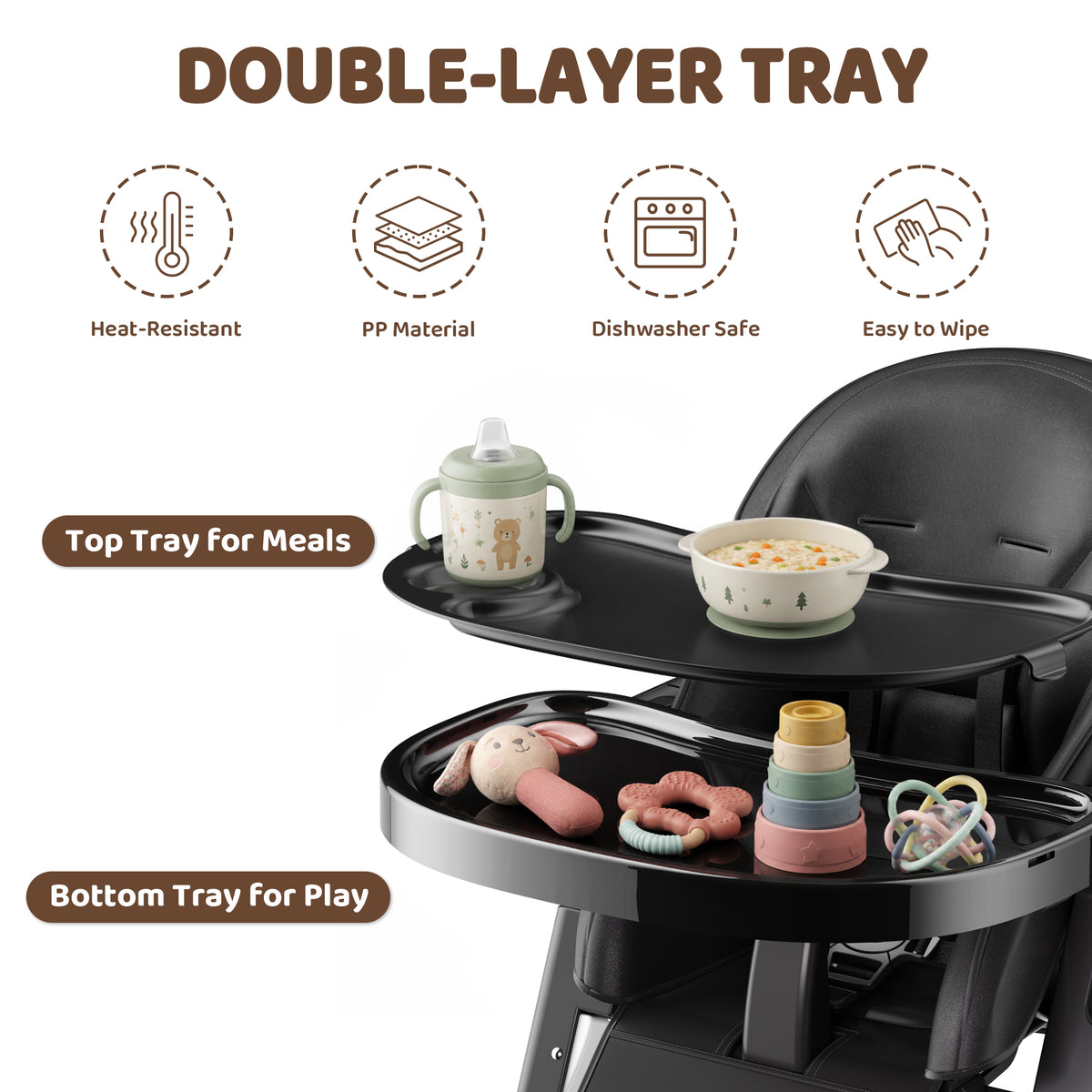 AILEEKISS Foldable High Chair for Baby, Toddler Eating Chair with Detachable Double Trays, Black
