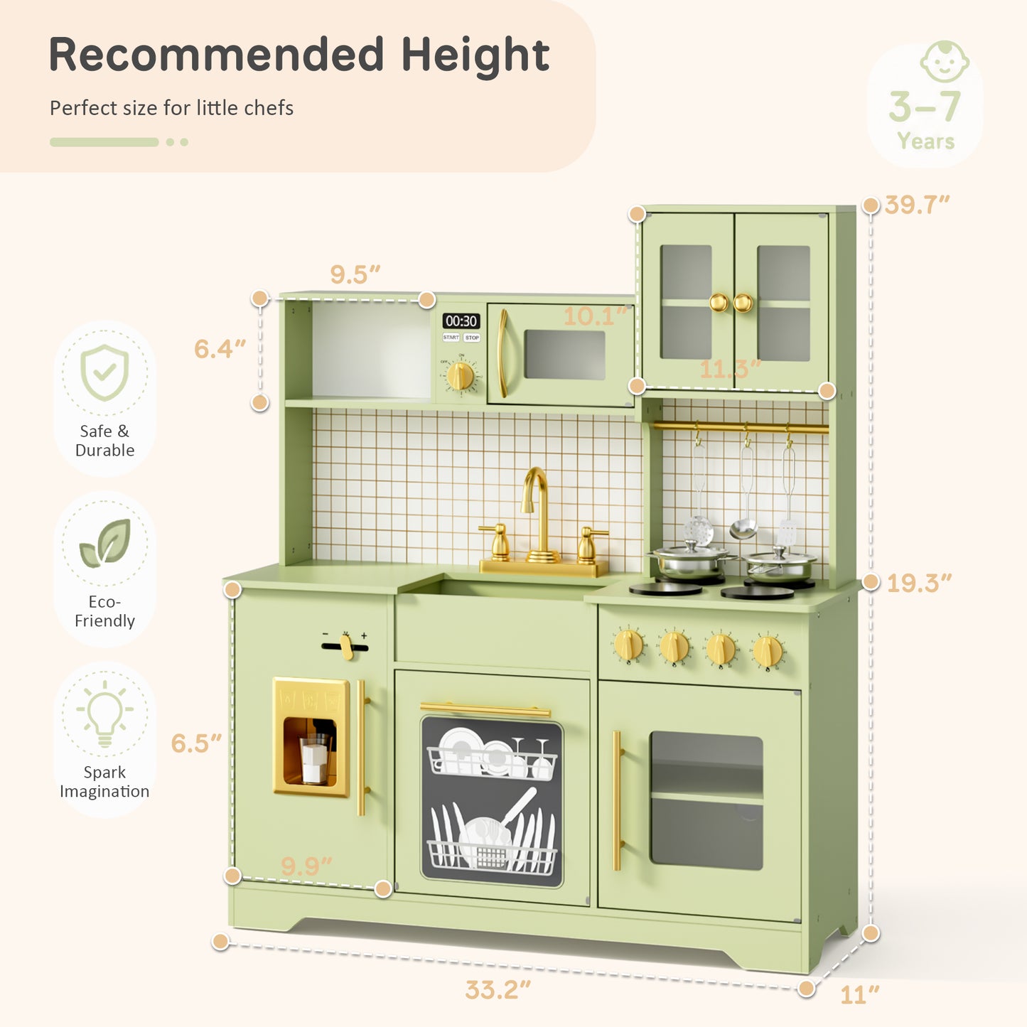 AILEEKISS Kids Kitchen Playset for Children, Realistic Pretend Kitchen Toy with Ice Maker, Green