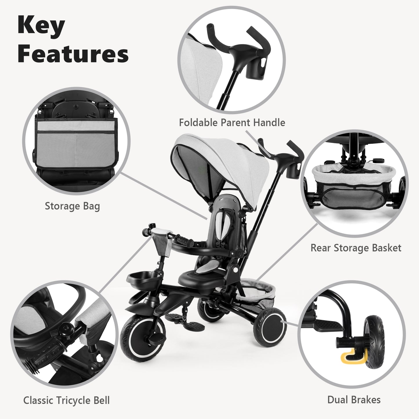 AILEEKISS 8-in-1 Kids' Tricycle Stroller, Folding Toddler Bicycle Unisex Ride Trike 1-6 Years, Light Grey