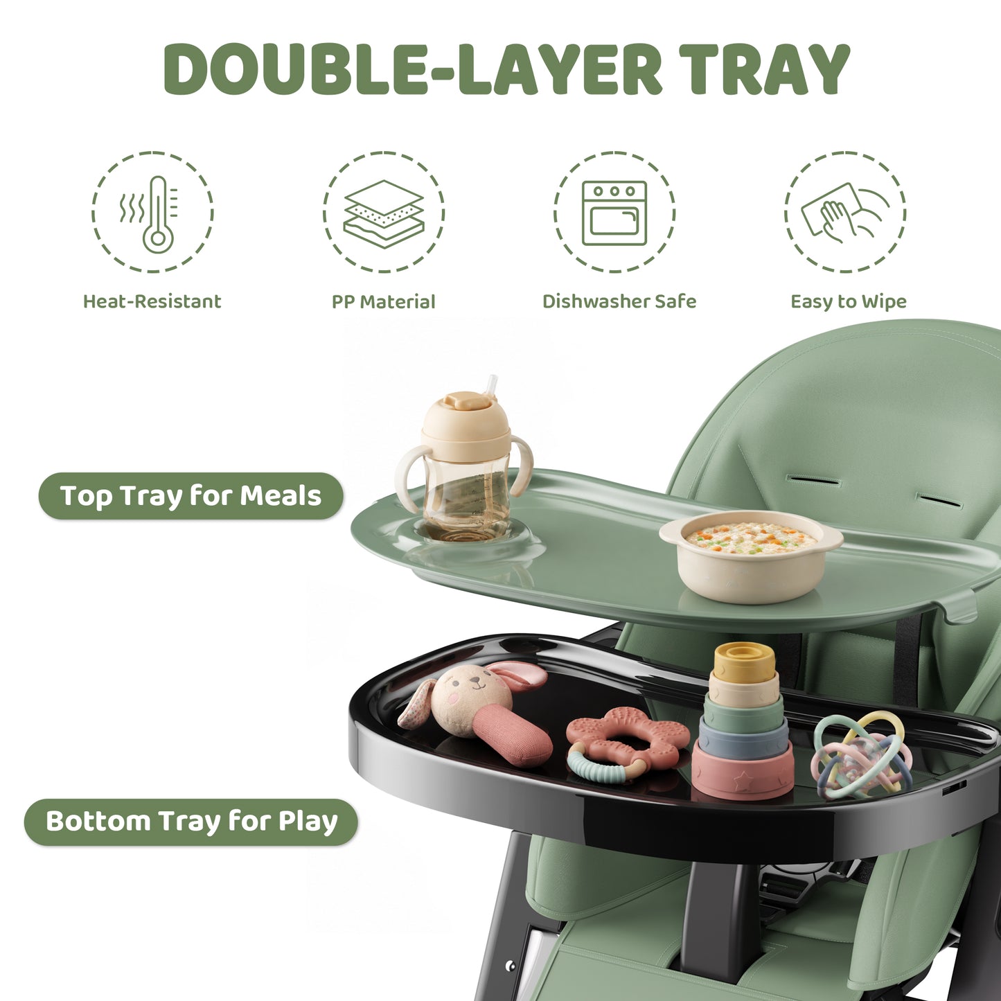 AILEEKISS Foldable High Chair for Baby, Toddler Eating Chair with Detachable Double Trays, Green