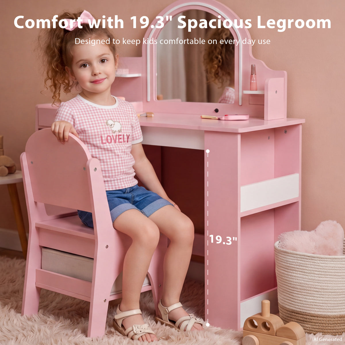 AILEEKISS Kids Vanity Set with Stool, Pretend Play Makeup Table with Jewelry Storage, Pink