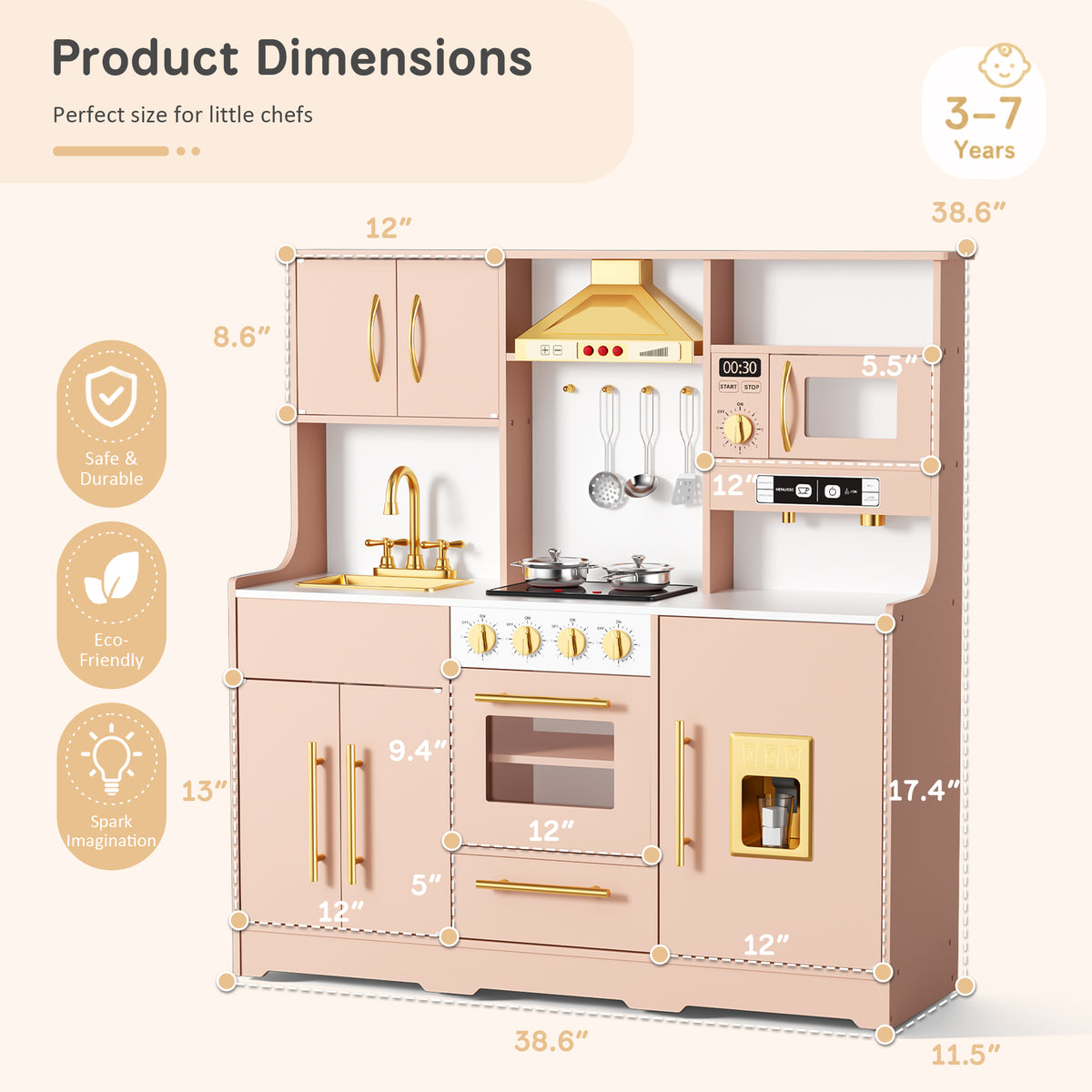 AILEEKISS Wood Kids Play Kitchen, Pretend Kitchen Playset for Children Age 3 Years up, Orange