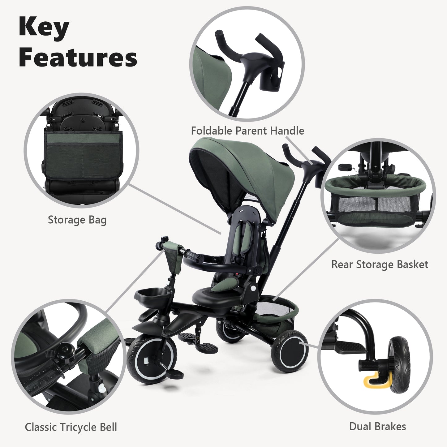 AILEEKISS 8-in-1 Kids' Tricycle Stroller, Folding Toddler Bicycle Unisex Ride Trike 1-6 Years, Military Green