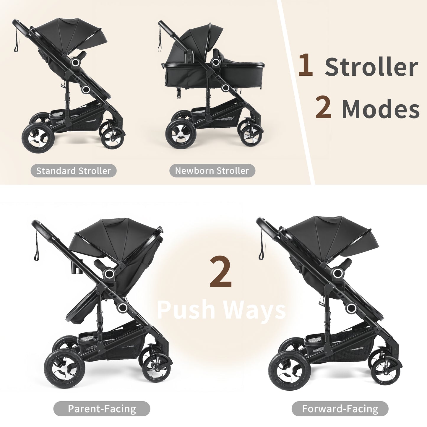 AILEEKISS 3 in 1 Convertible Baby Stroller, Unisex Folding Newborn Stroller with Big Seat, Black