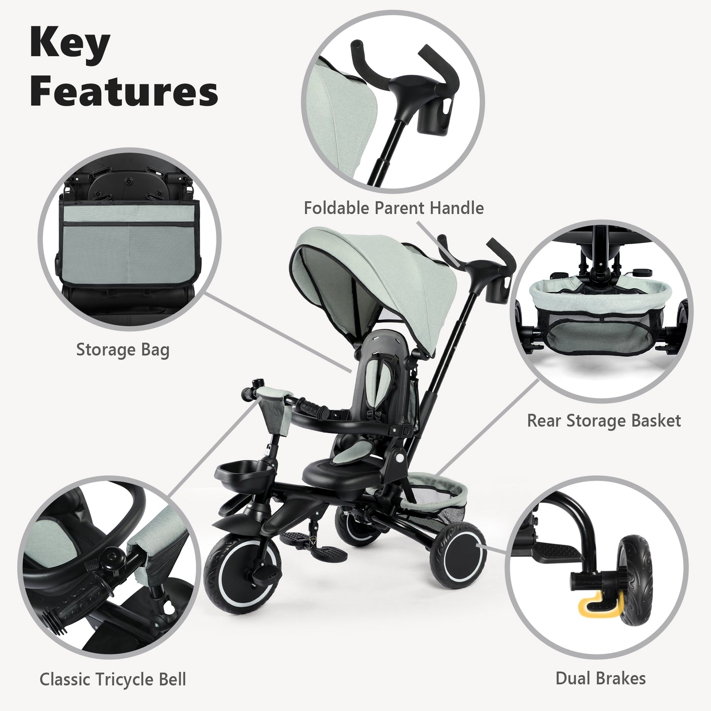 AILEEKISS 8-in-1 Kids' Tricycle Stroller, Folding Toddler Bicycle Unisex Ride Trike 1-6 Years, Mint Green