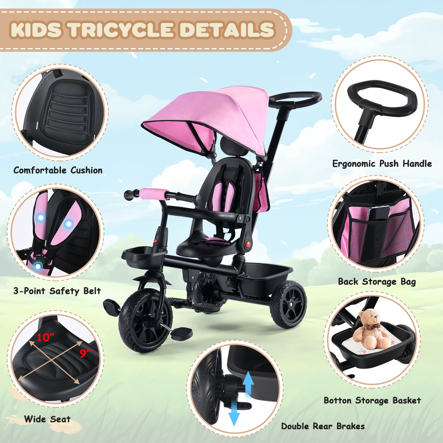 Kids' Tricycle, 6 IN 1 Baby Trike with Removable Canpoy& Push Handle, Toddler Bike for Kids 12-60 Months, Pink