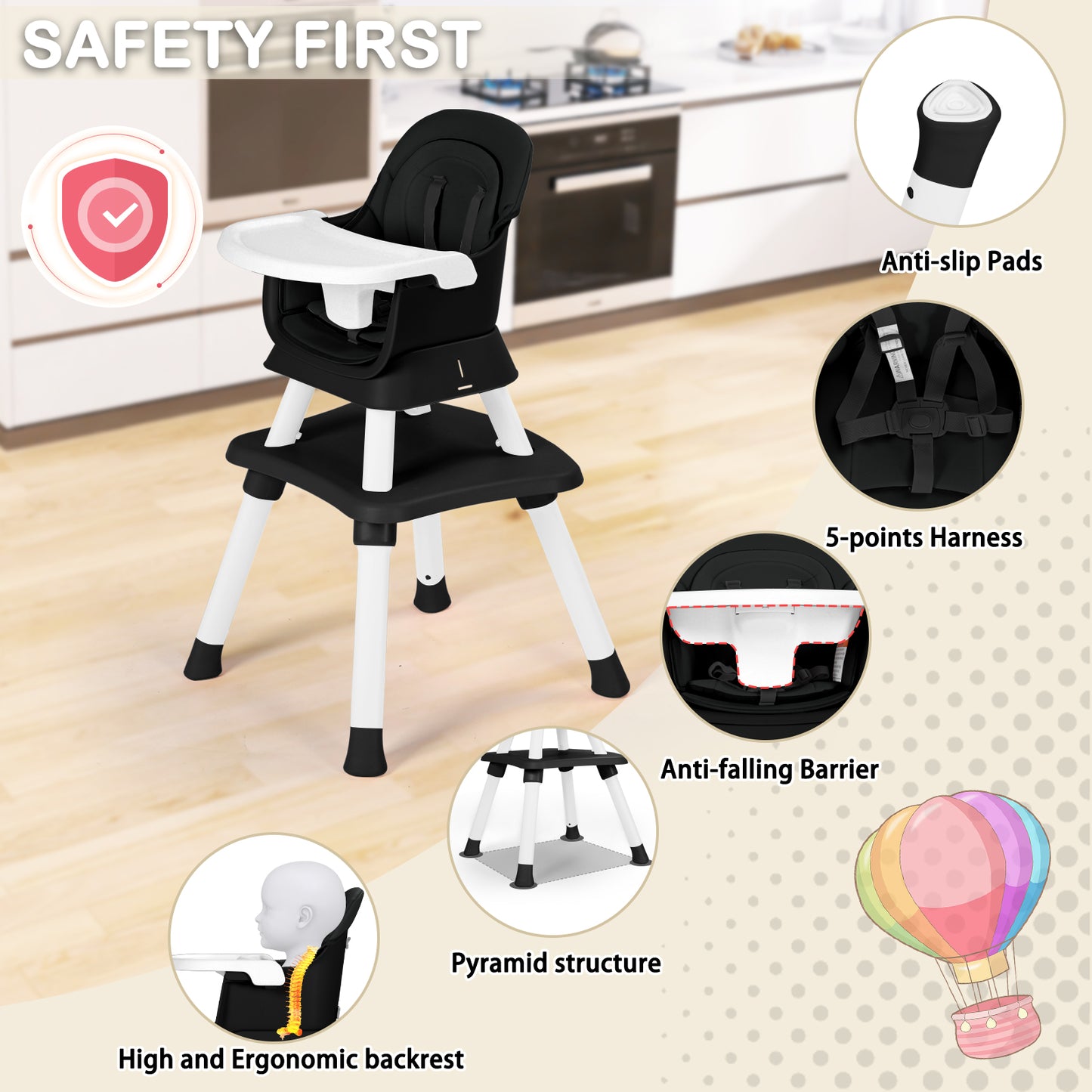 8 in 1 Baby High Chair,Toddler Dining Booster Seat/Kids Table & Chair Set/Building Block Table, Black