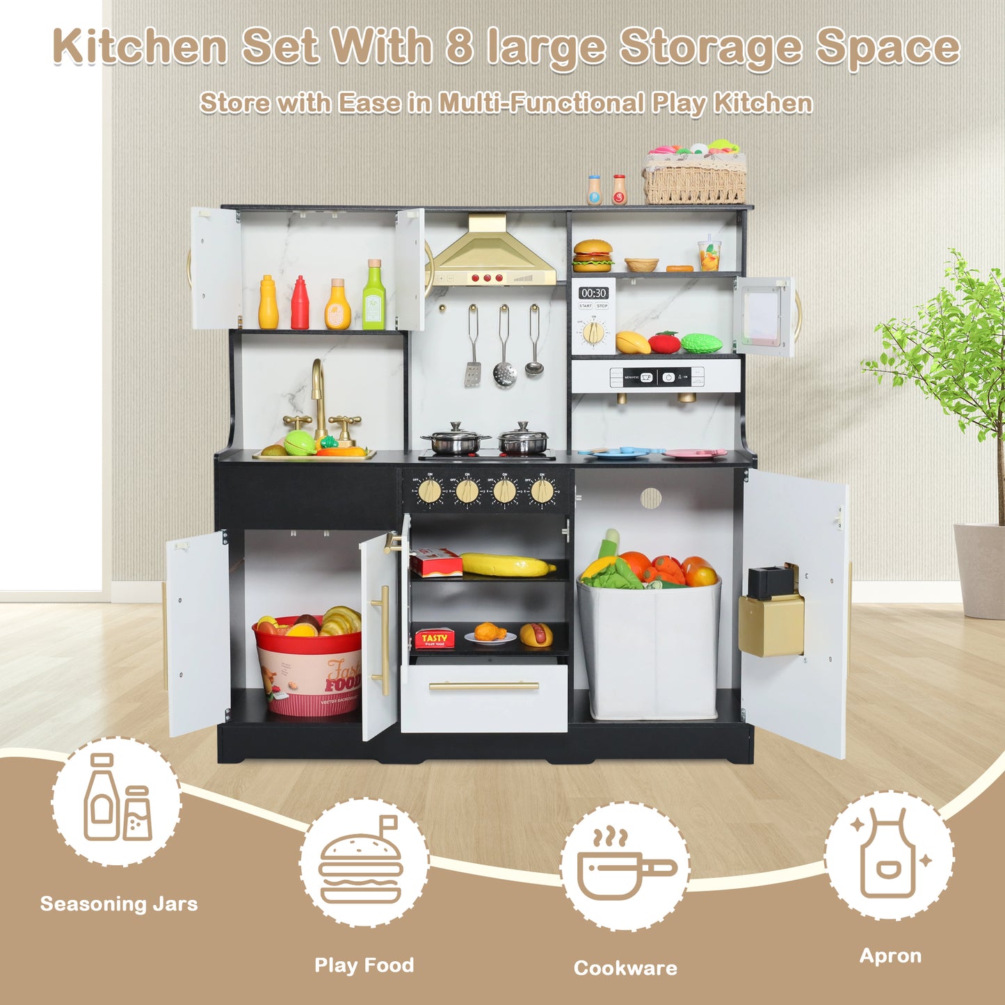 AILEEKISS Wood Kids Play Kitchen, Pretend Kitchen Playset for Children Age 3 Years up, Black